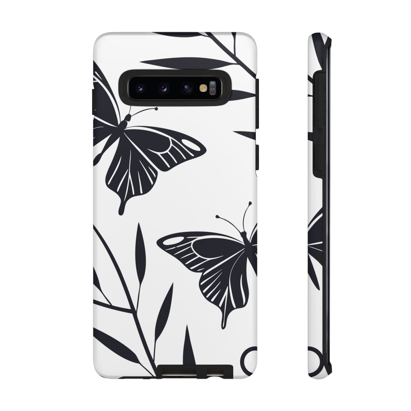 Minimalist black and white butterfly Samsung tough phone case with elegant 3D print design for robust protection.