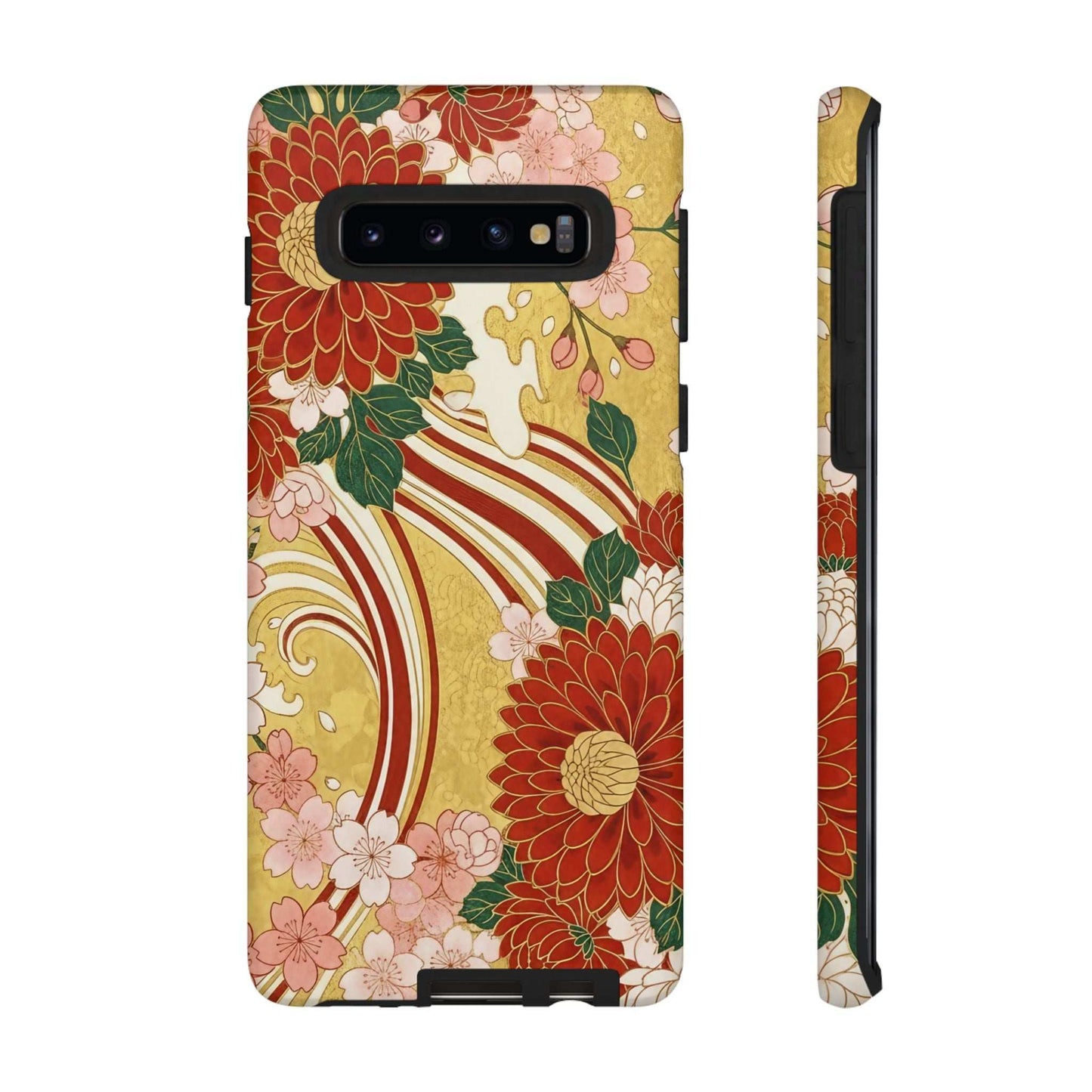 Samsung Case with Japanese floral gold chrysanthemum design, durable and impact-resistant phone cover with silicone liner, compatible with wireless charging