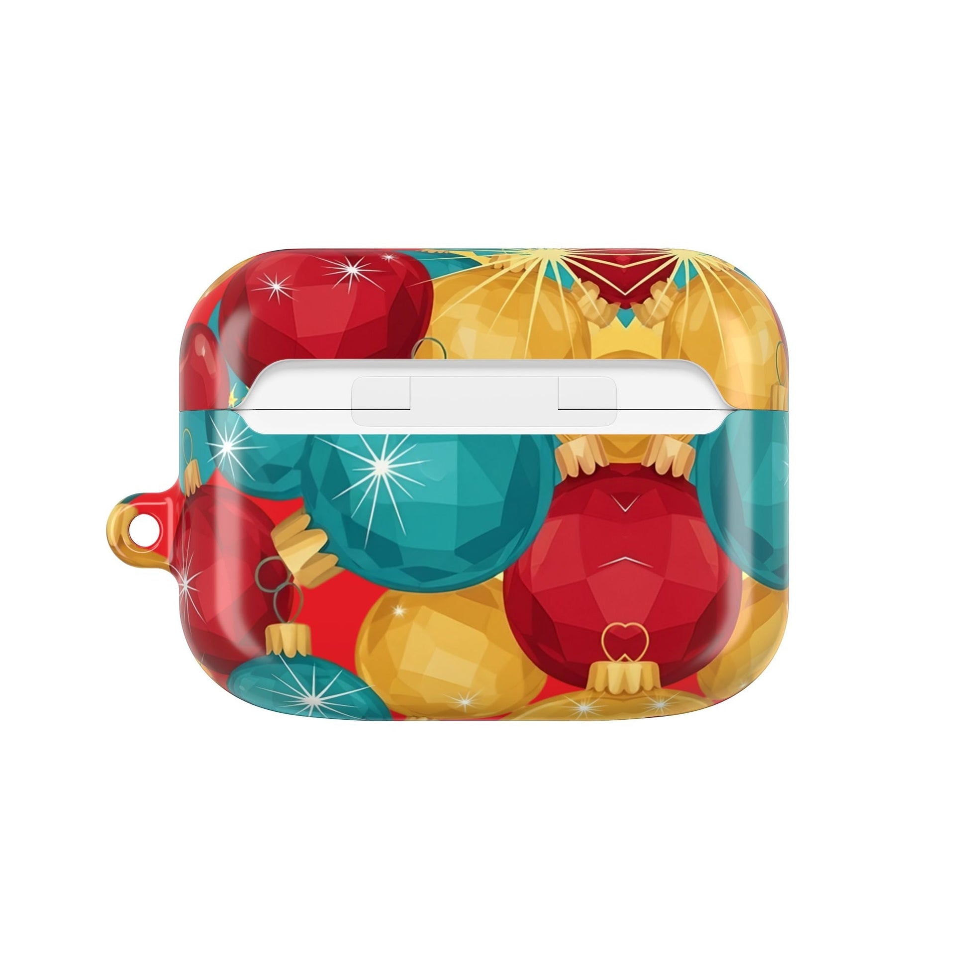 Christmas-themed bulb AirPod case with red, blue, and gold holiday ornament design for AirPods Pro and Gen 1-3 models