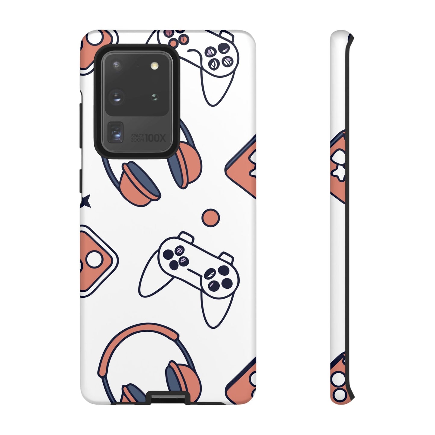 Samsung phone case with gamer design featuring controllers and headphones, durable and impact-resistant protective cover.