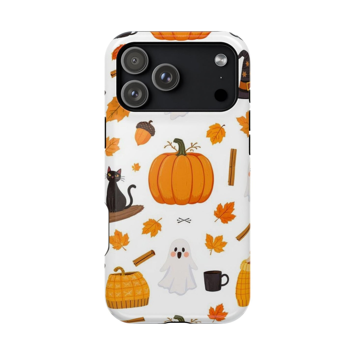 iPhone case with Halloween pumpkins, ghosts, autumn leaves, and black cat design