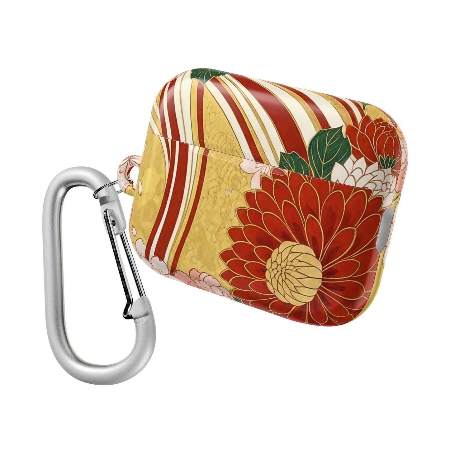 Japanese Floral Gold Chrysanthemum AirPod Case with carabiner and gloss finish