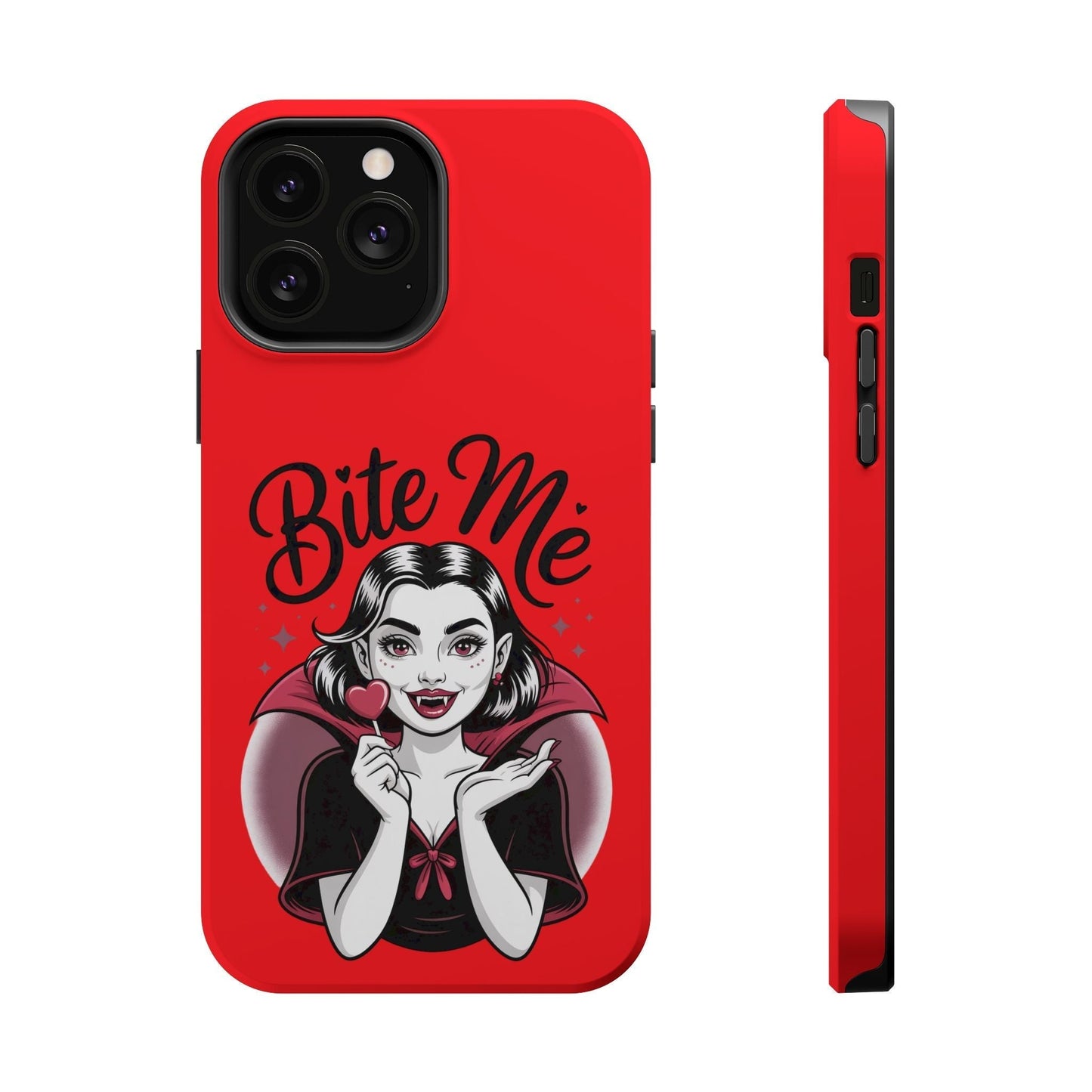 Halloween Vampire iPhone tough case with "Bite Me" design in red, durable polycarbonate, MagSafe compatible