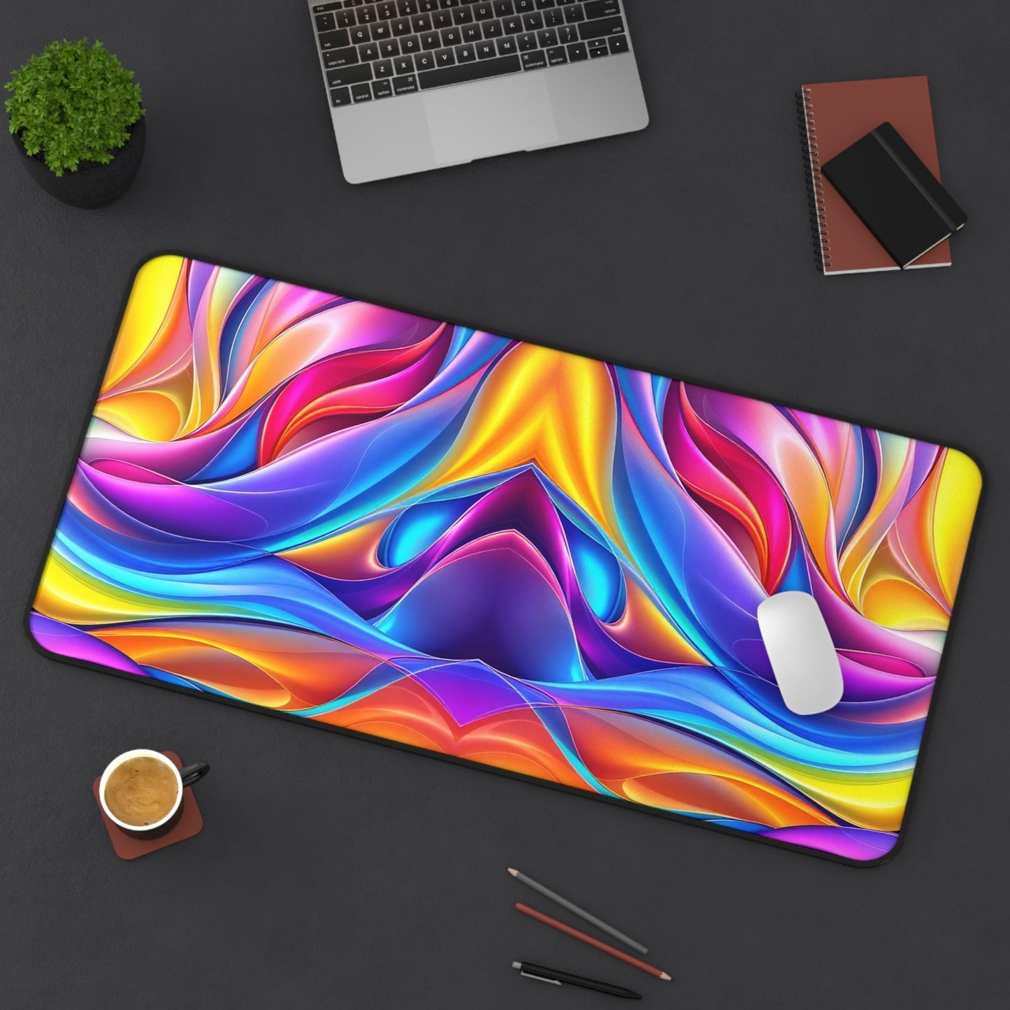 Modern Rainbow Waves desk mat with vibrant multicolor wave design on office desk with mouse and laptop