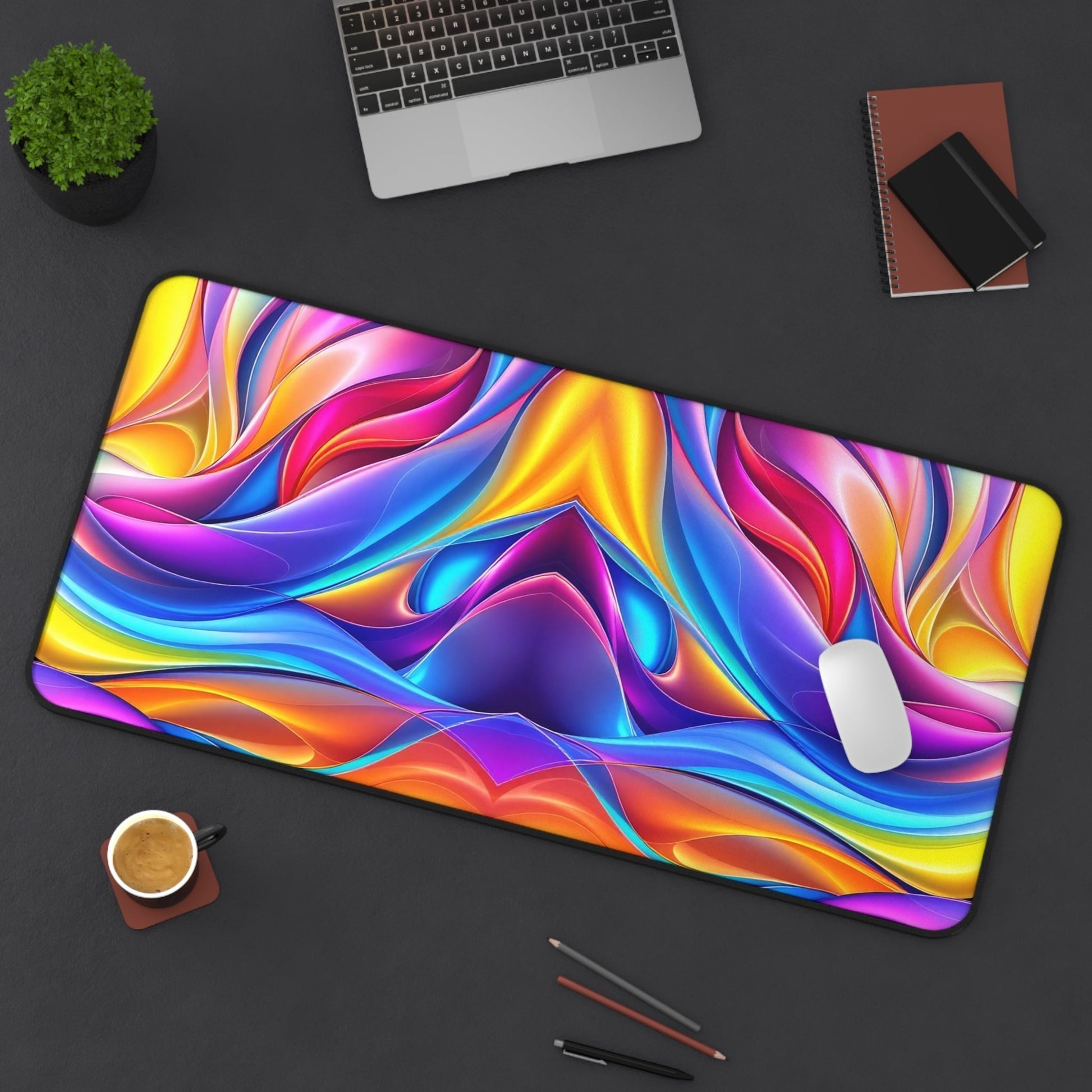 Modern Rainbow Waves desk mat with vibrant multicolor wave design on office desk with mouse and laptop