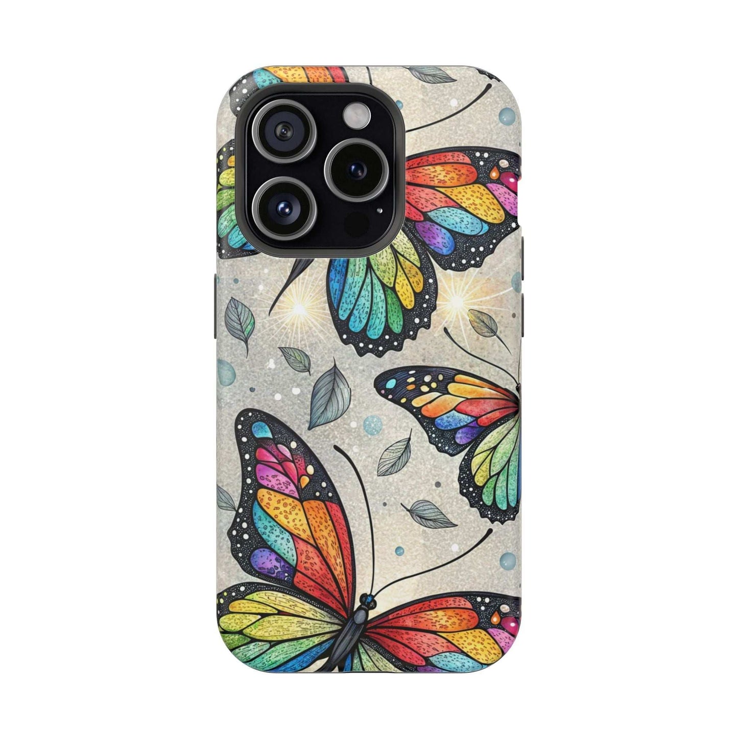 iPhone case with vibrant rainbow butterfly design and dual-layer protection with MagSafe compatibility
