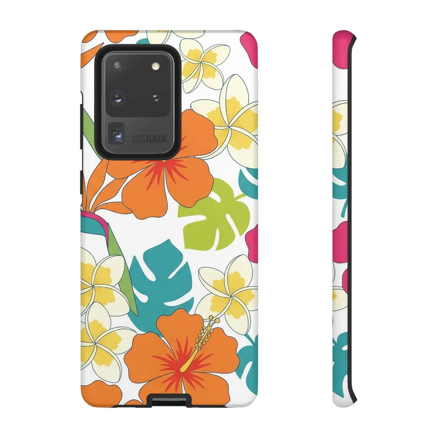 orange floral Samsung case with vibrant tropical blossoms and durable protective design