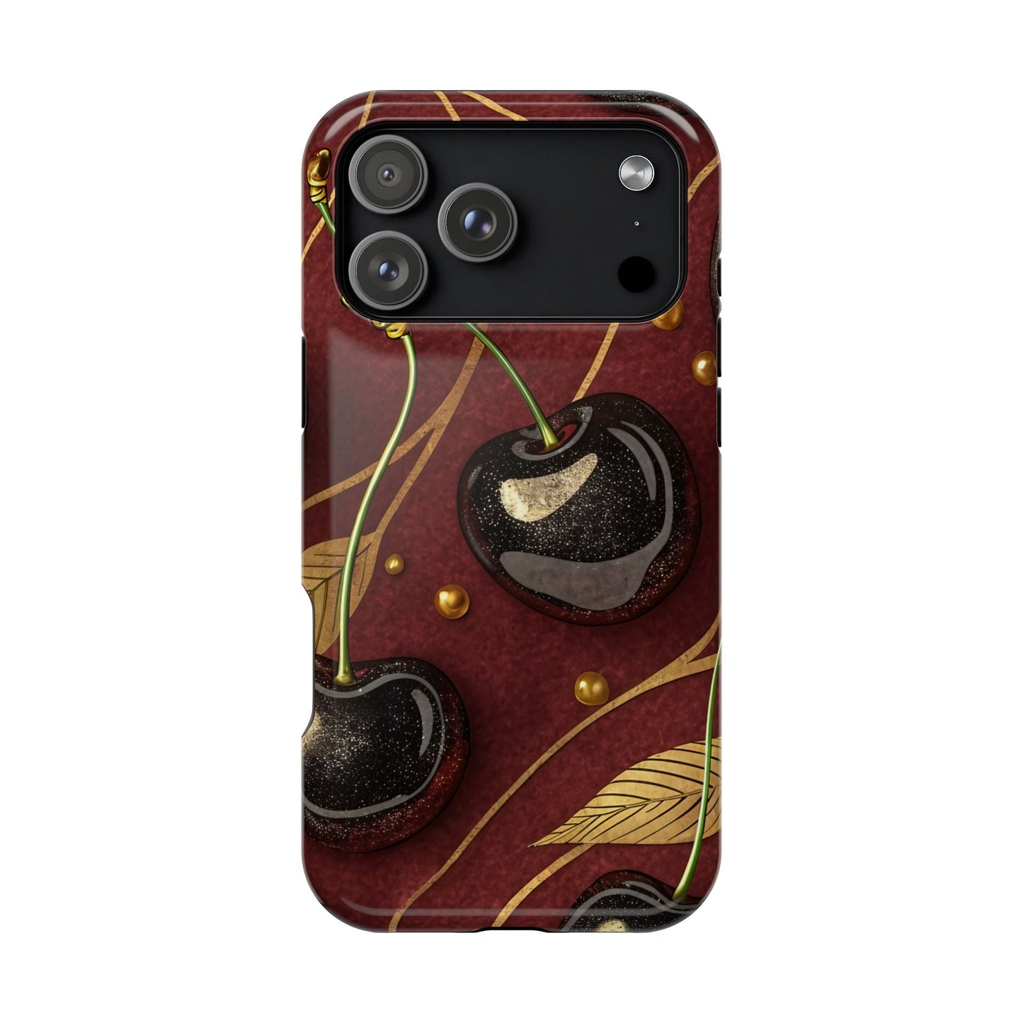 Golden Cherry iPhone Tough Case with cherry-gold design, durable dual-layer protection, and MagSafe compatibility.