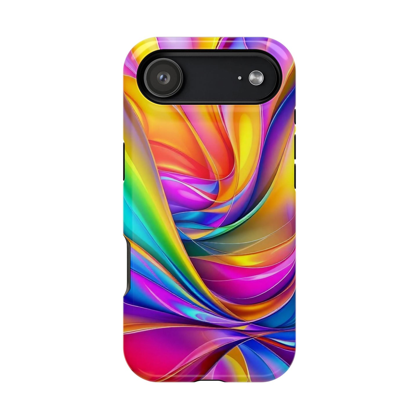 Deconstructed Rainbow Wave tough iPhone case with vibrant abstract swirl design and durable protection
