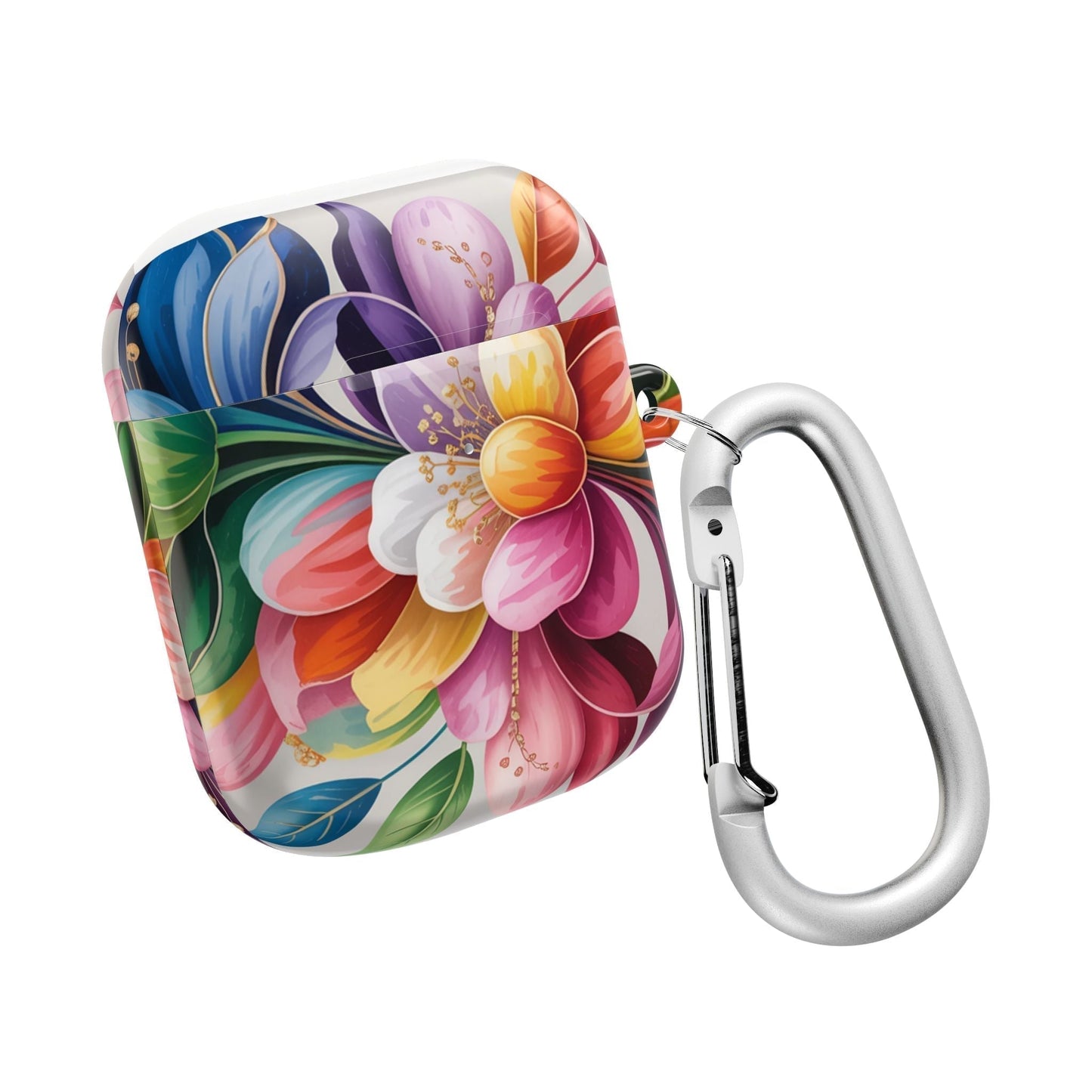 Floral inspired durable polycarbonate AirPod case with carabiner and scratch-resistant gloss finish