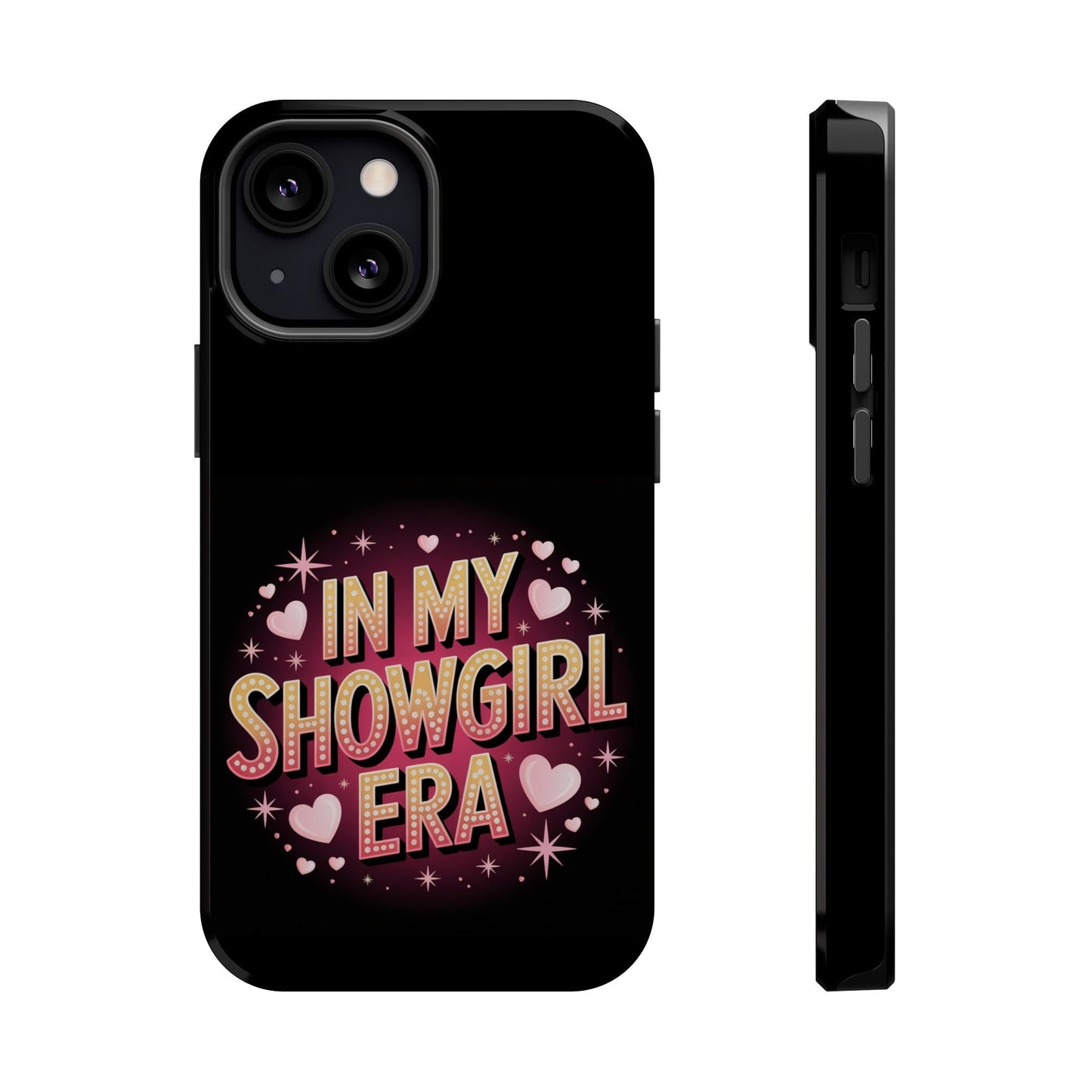 In My Showgirl Era phone case with durable polycarbonate and TPU, vibrant retro design, MagSafe compatible, glossy or matte finish