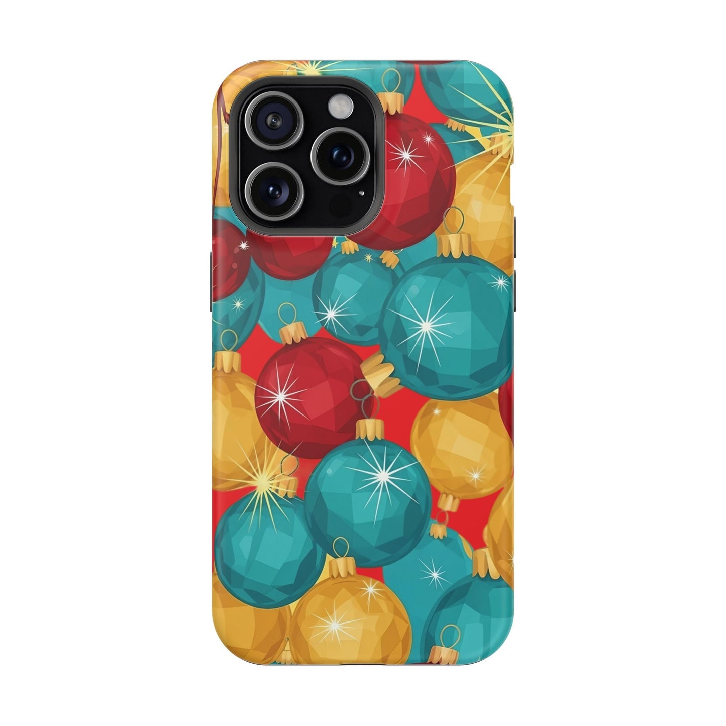 iPhone case with Christmas Tree Sparkle Bulbs design in vibrant red, blue, and gold colors, MagSafe compatible and dual-layer protective.