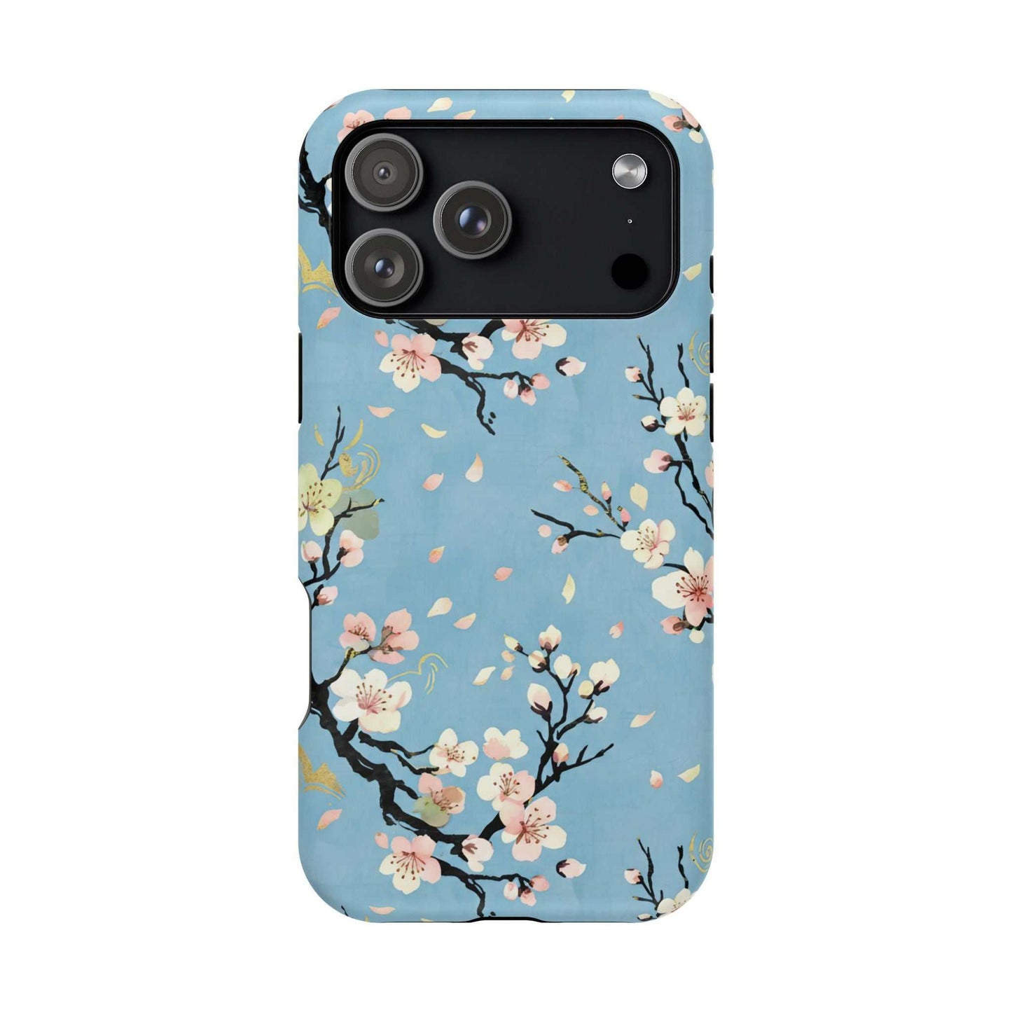 Spring Bloom iPhone Tough Case with blue background and floral cherry blossom design, magnetic impact-resistant protective phone cover.
