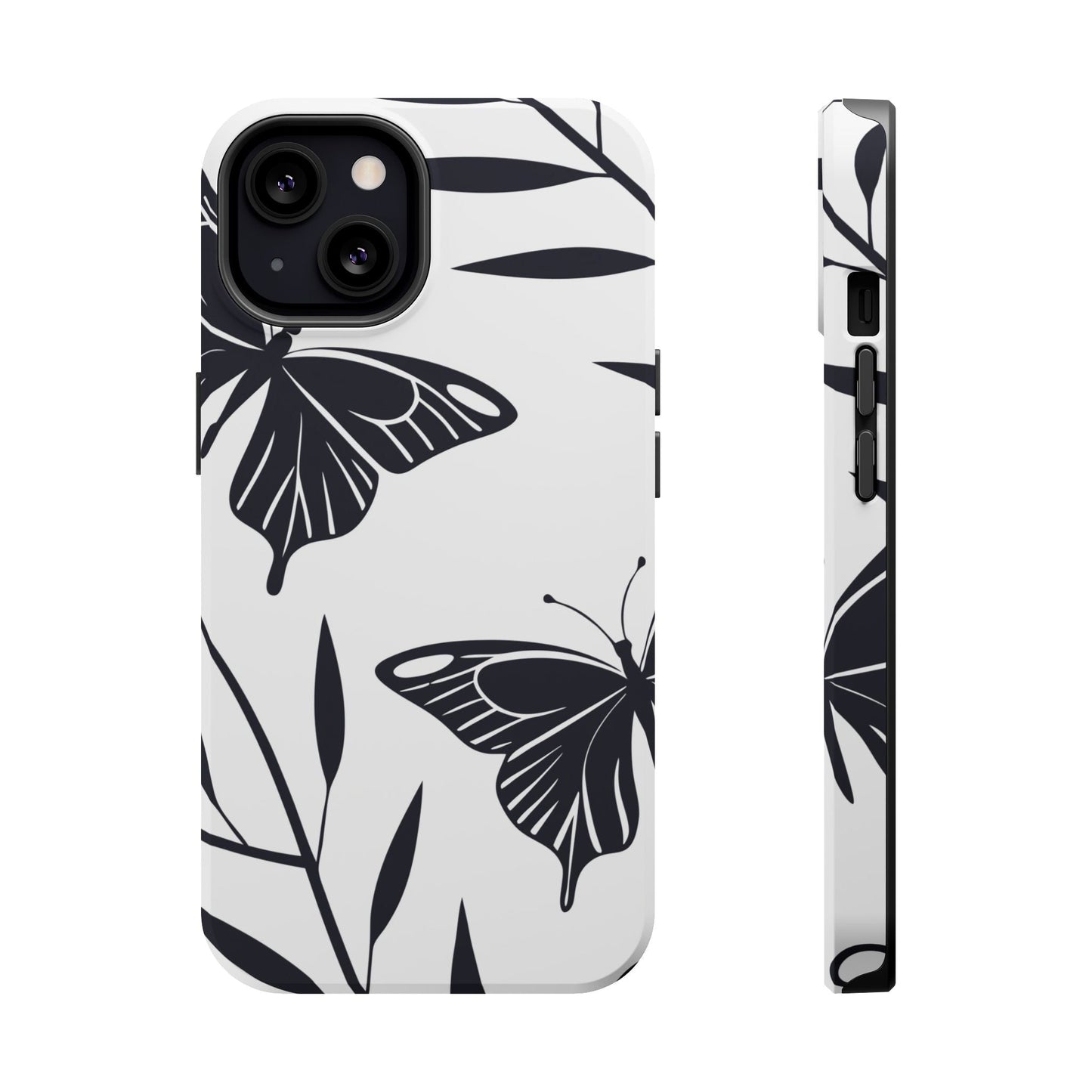 Black and white minimalist butterfly design iPhone case with MagSafe and dual-layer protection