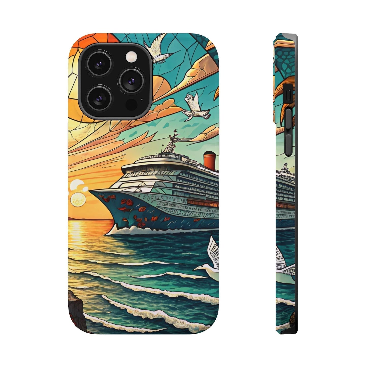 Cruise Vacation iPhone tough case with durable dual-layer protection and vibrant ocean-inspired design featuring a cruise ship, sunset, and birds.
