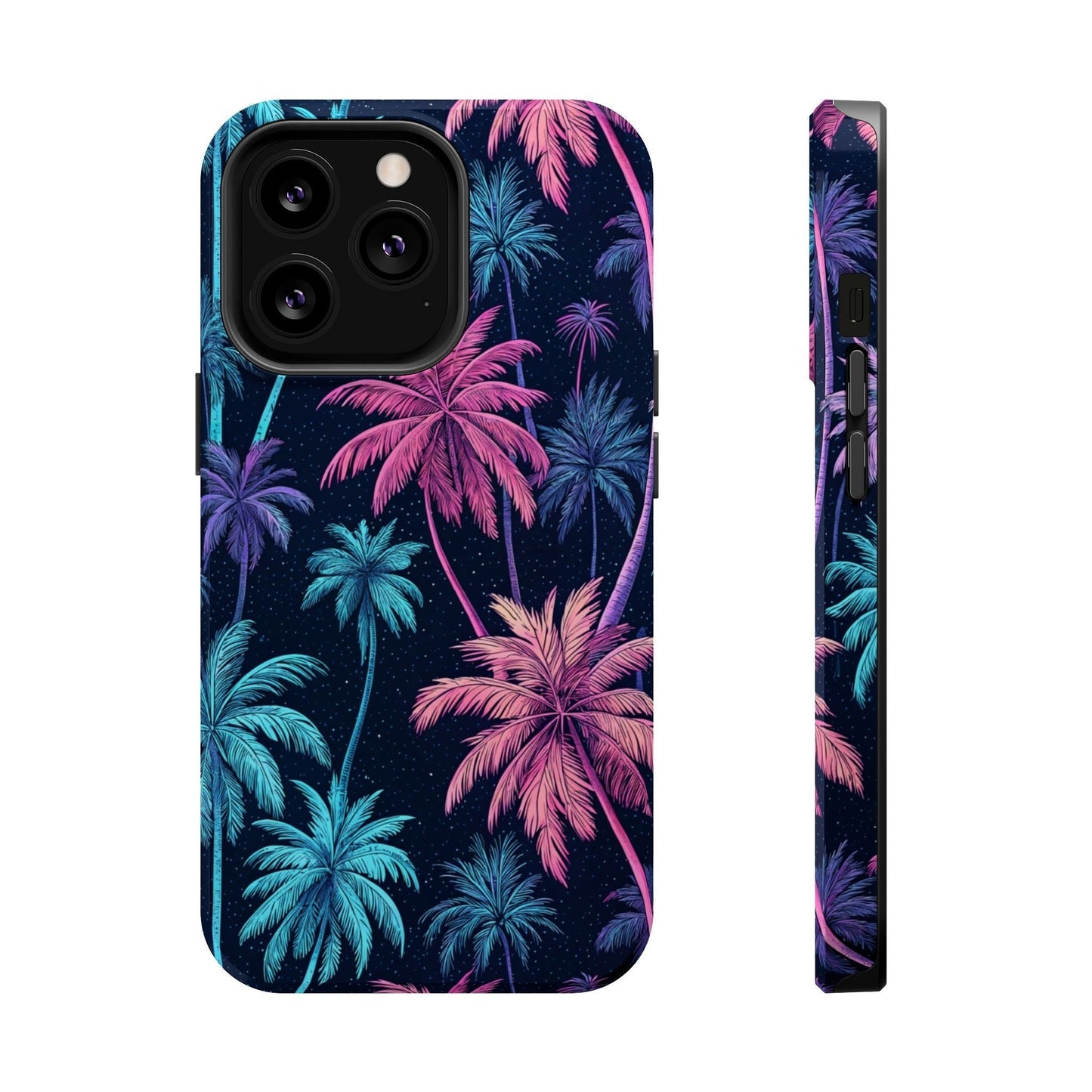 iPhone case with neon pink and blue palm trees on a dark background, featuring MagSafe compatibility and dual-layer protection