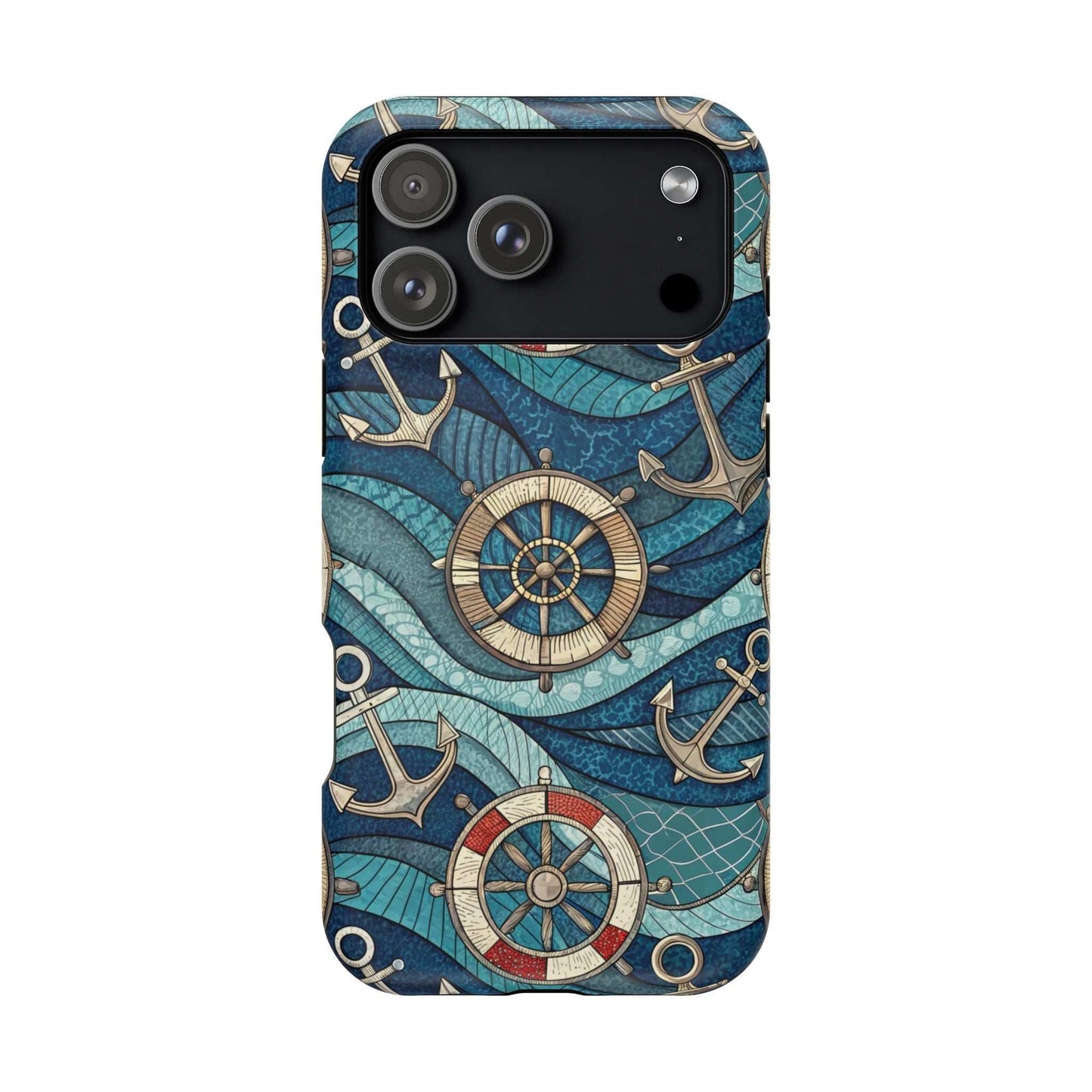 Nautical Theme iPhone case with anchors and ship wheels design in blue tones for iPhone 13-16 series, durable coastal style protection