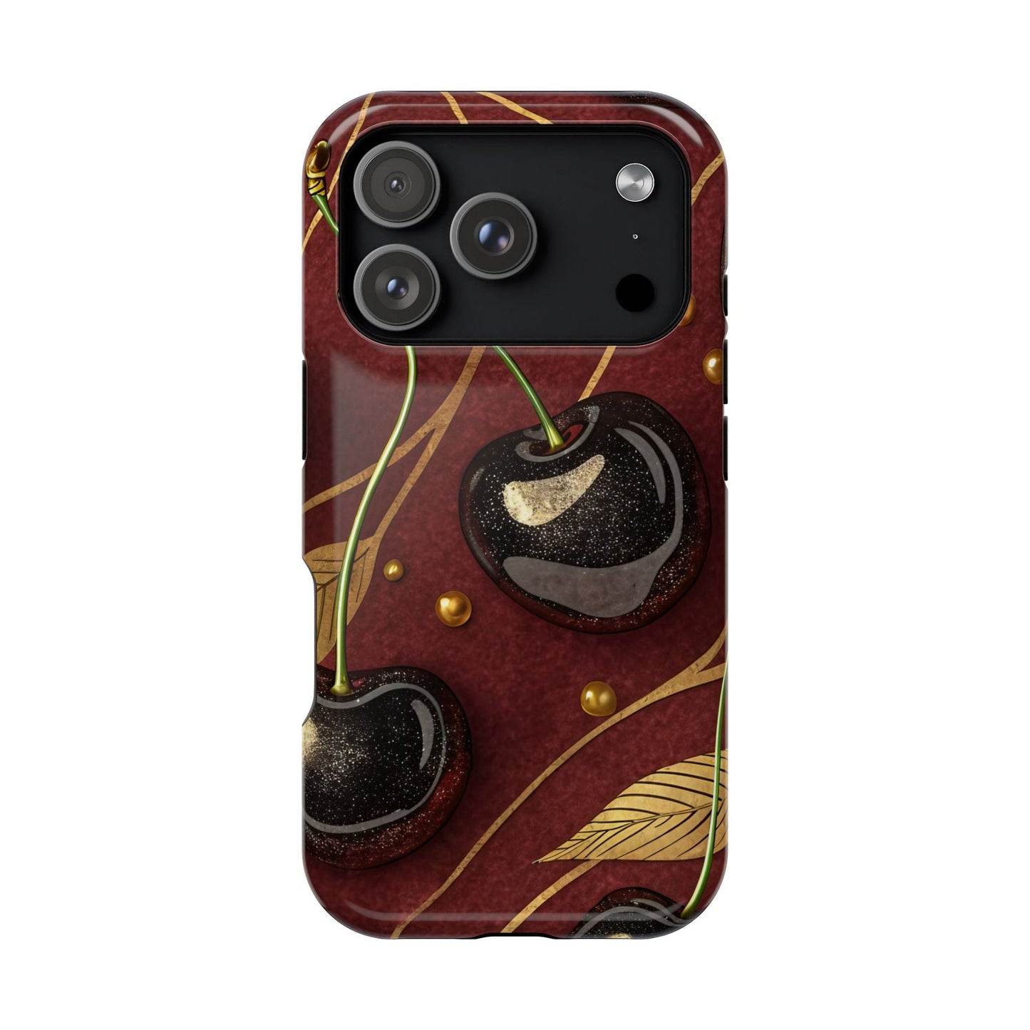 Golden Cherry iPhone Tough Case with cherry-gold design and MagSafe compatibility