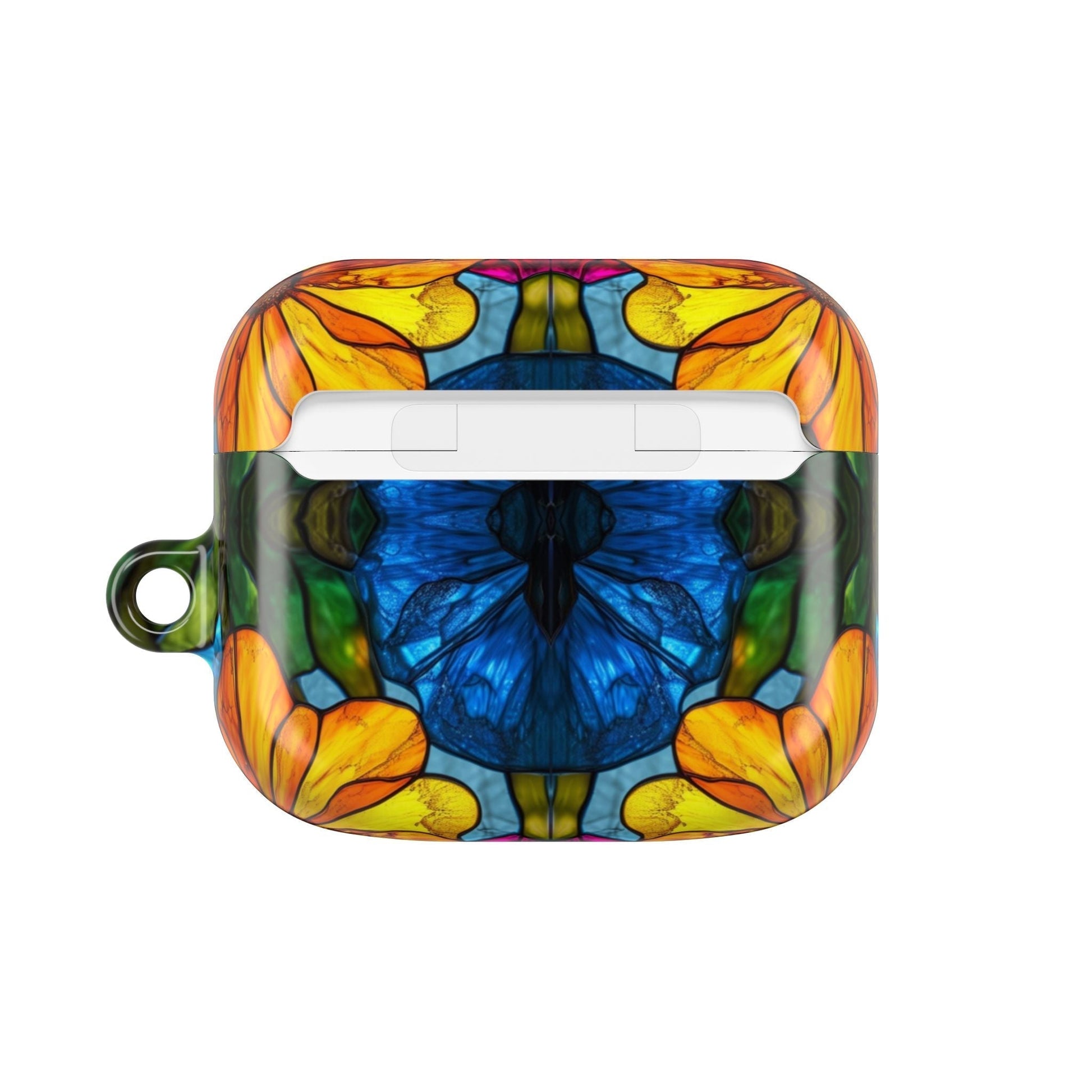 Colorful floral AirPods case with impact and scratch resistance, compatible with various AirPods models, featuring a carabiner for easy carrying.