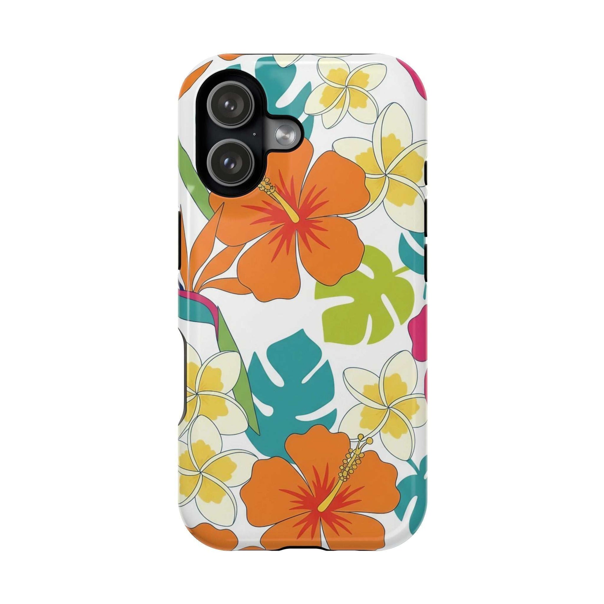 Orange floral iPhone case with impact-resistant dual-layer protection and MagSafe compatibility