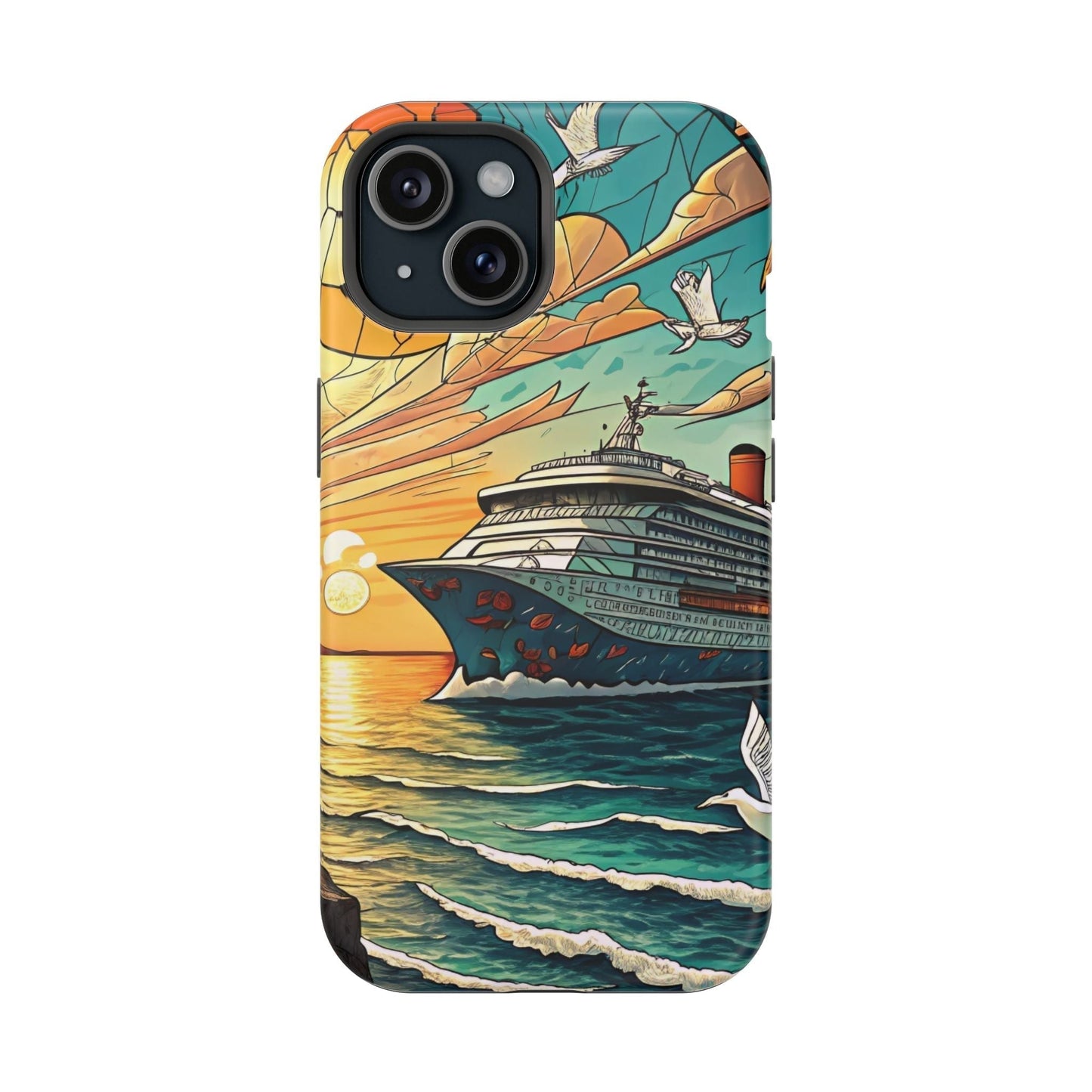 Cruise Vacation iPhone tough case with colorful cruise ship and ocean sunset design, durable dual-layer protection with MagSafe support