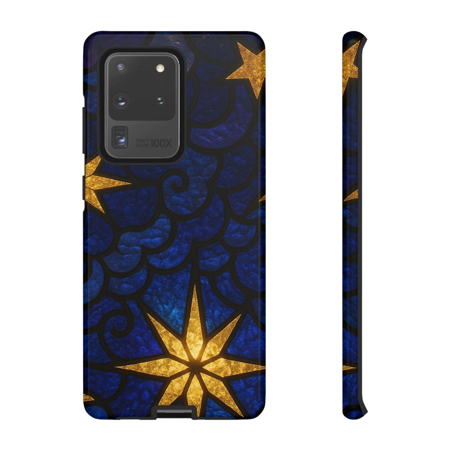 Golden Star Samsung phone case with durable impact-resistant material and vibrant blue and gold star design