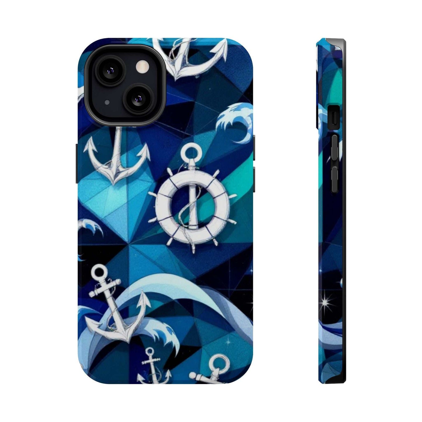 Nautical Anchors iPhone case with maritime design, durable dual-layer protection, and MagSafe compatibility in blue tones