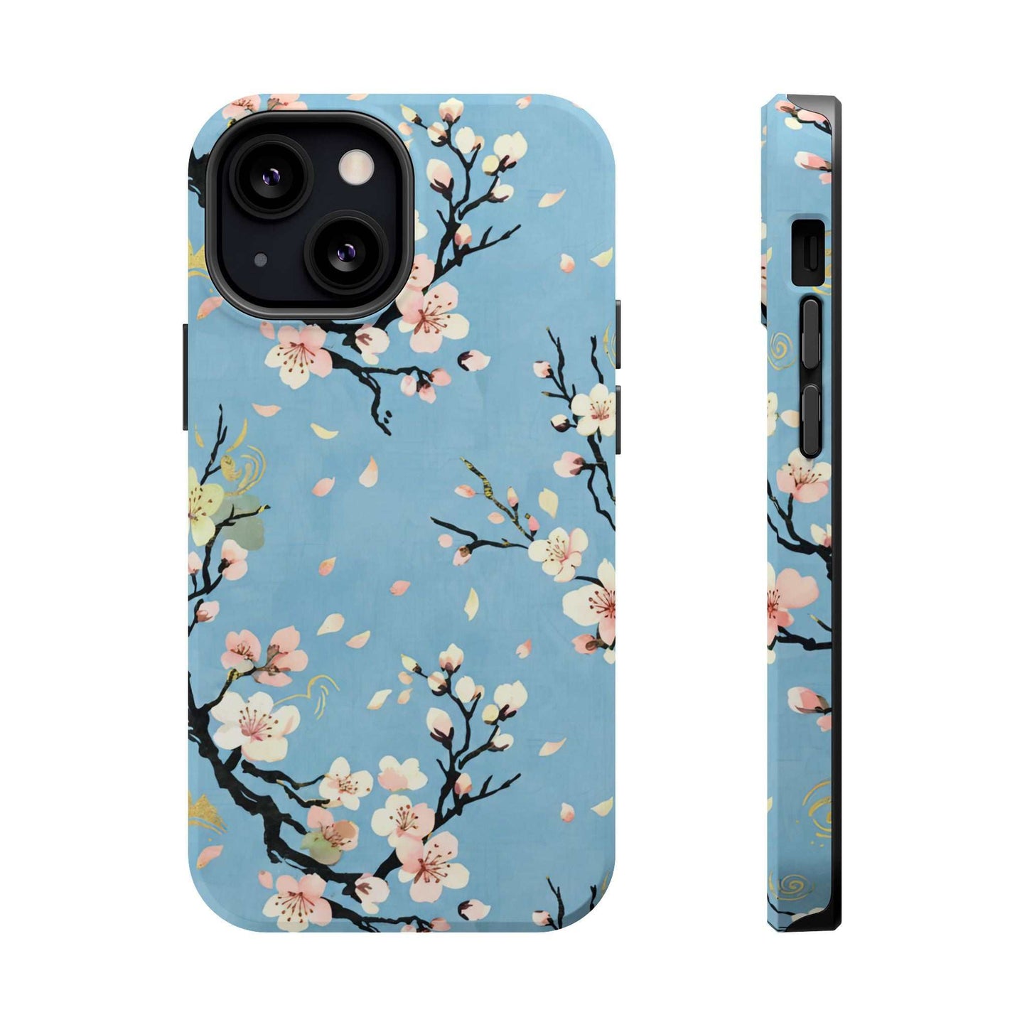 Spring Bloom iPhone Tough Case with blue floral design, MagSafe compatible protective phone cover