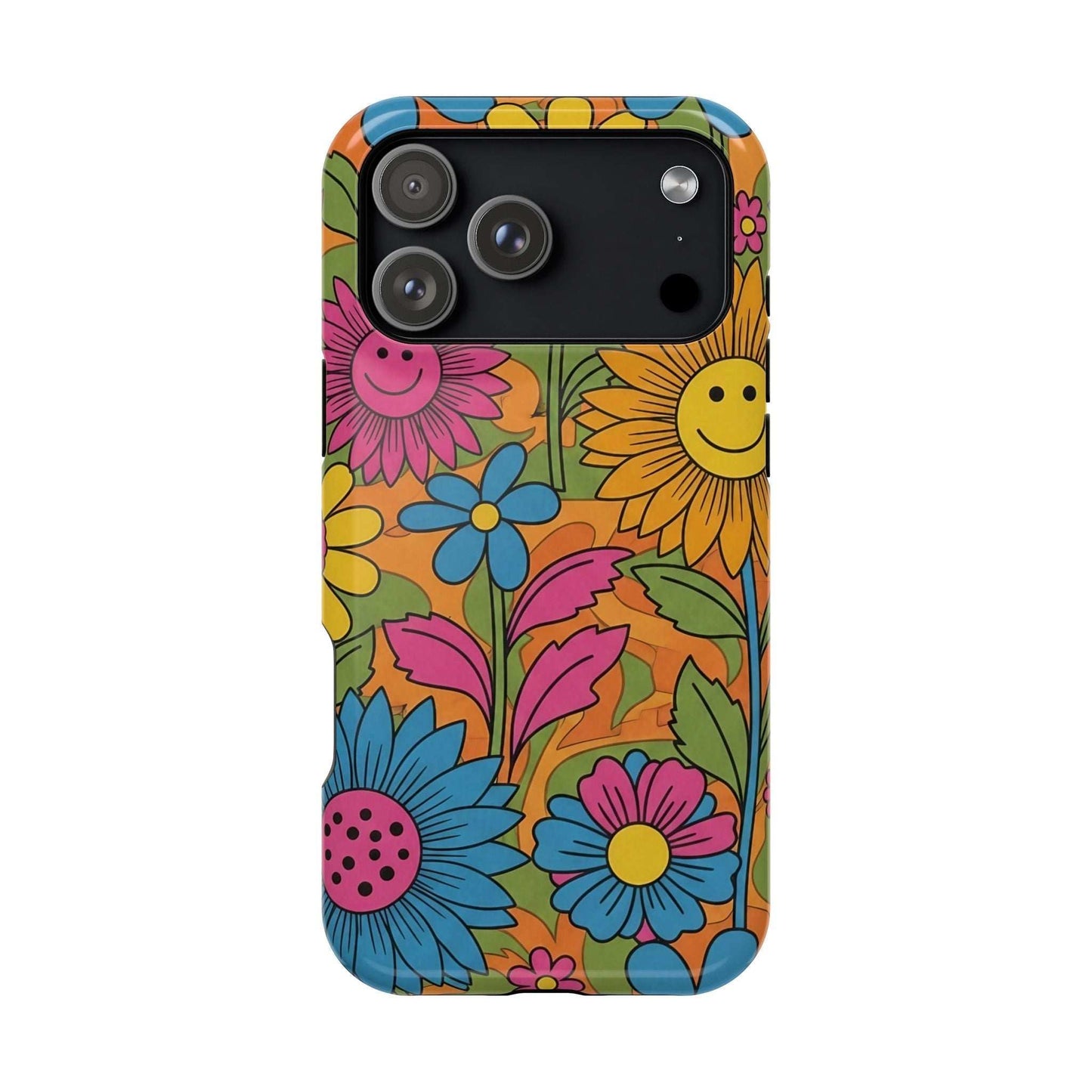 Flower Power iPhone Tough Case with colorful smiling flowers design, durable polycarbonate, MagSafe compatible, glossy or matte finish