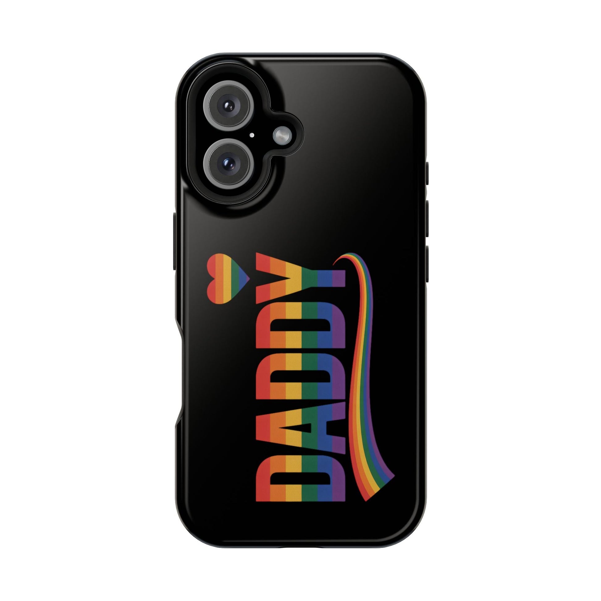 Fun Daddy LGBT Daddy iPhone tough case with rainbow design and heart, durable protective phone cover with MagSafe compatibility.