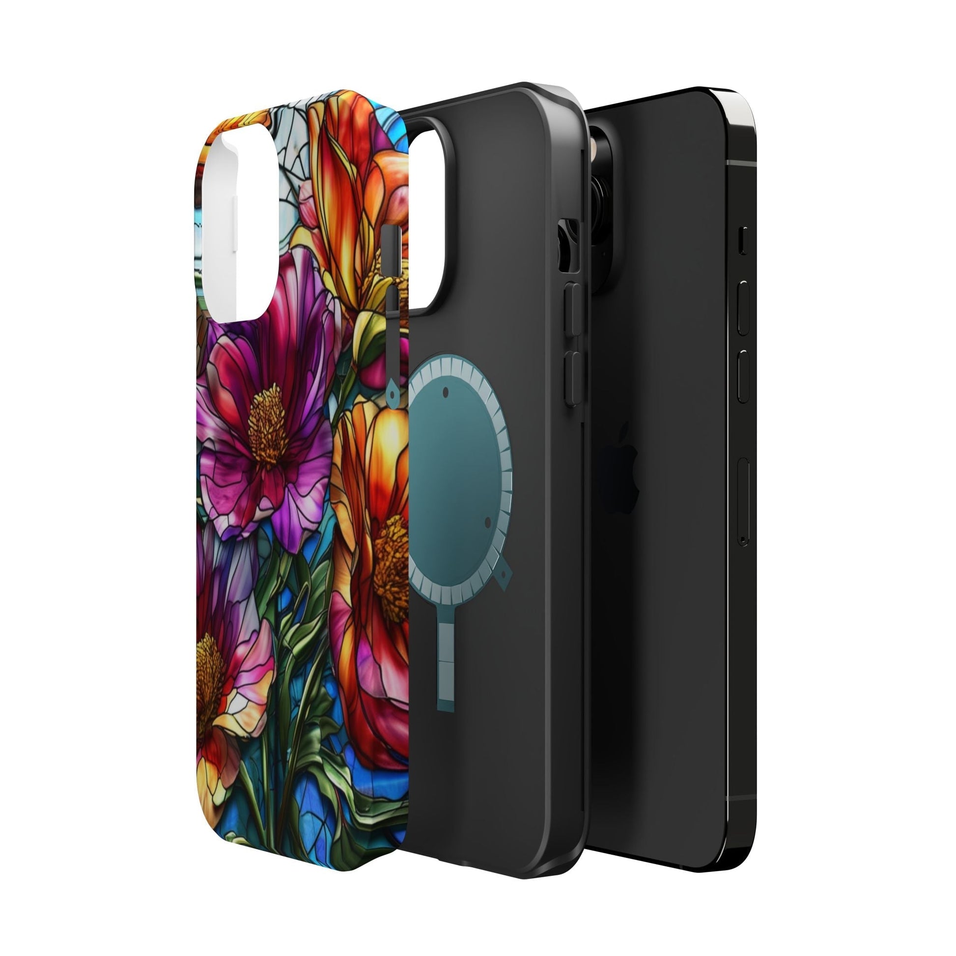 Vibrant purple flower iPhone case with durable polycarbonate and TPU liner, glossy finish, MagSafe compatible, designed for iPhone 17 series.