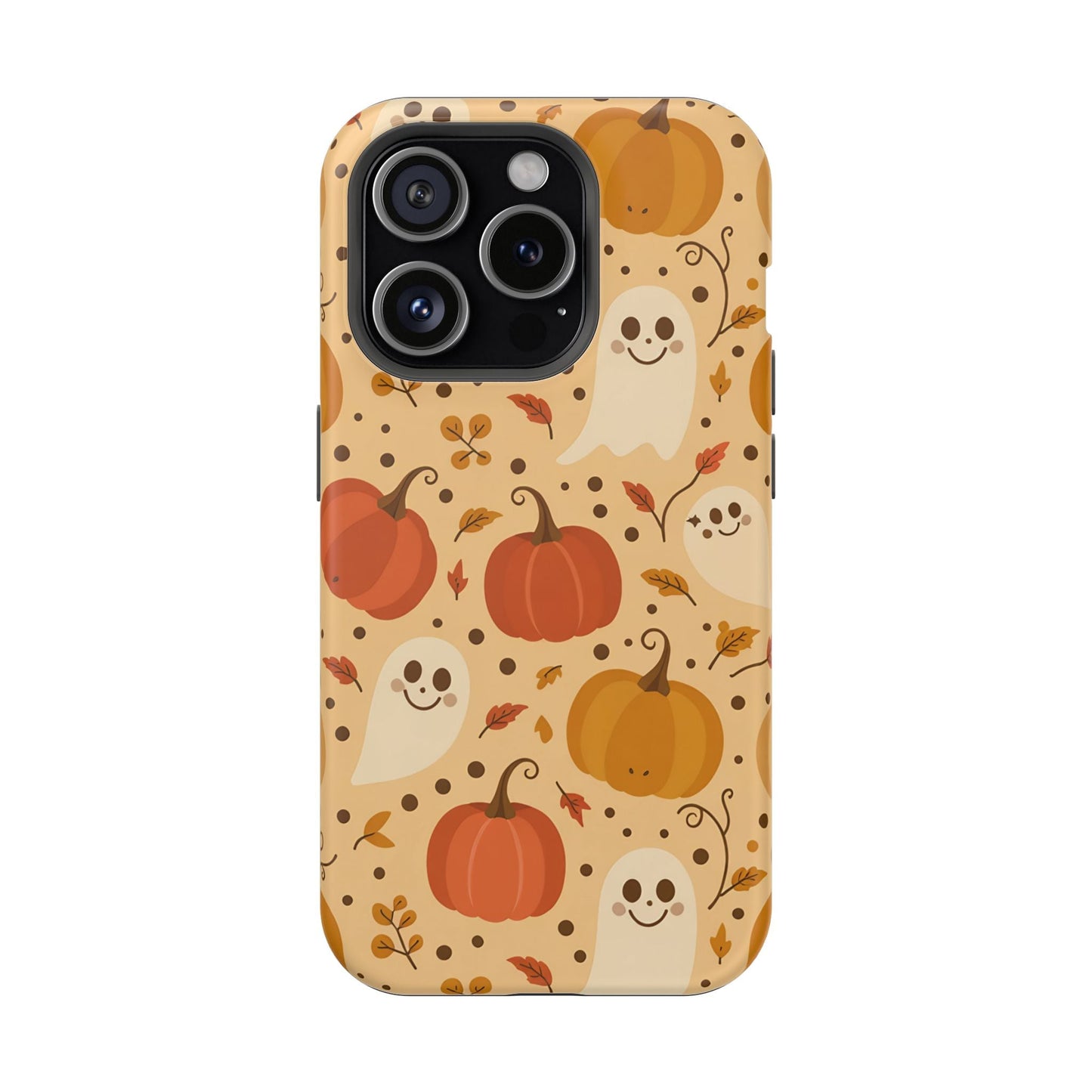 Spooky Pumpkins Halloween iPhone case with ghosts and pumpkins design, durable protective cover with MagSafe compatibility