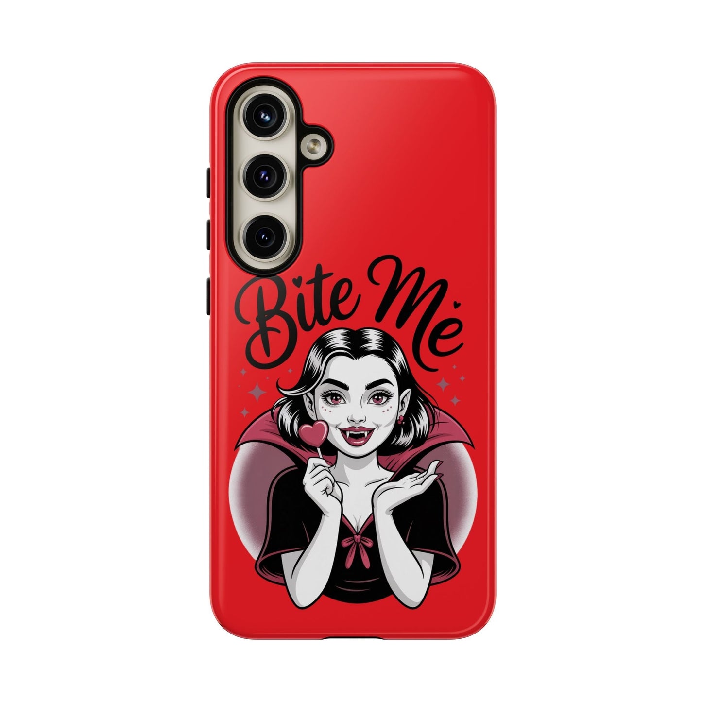 Bite Me Vampire Samsung phone case with red background and cartoon vampire holding a heart-shaped lollipop design