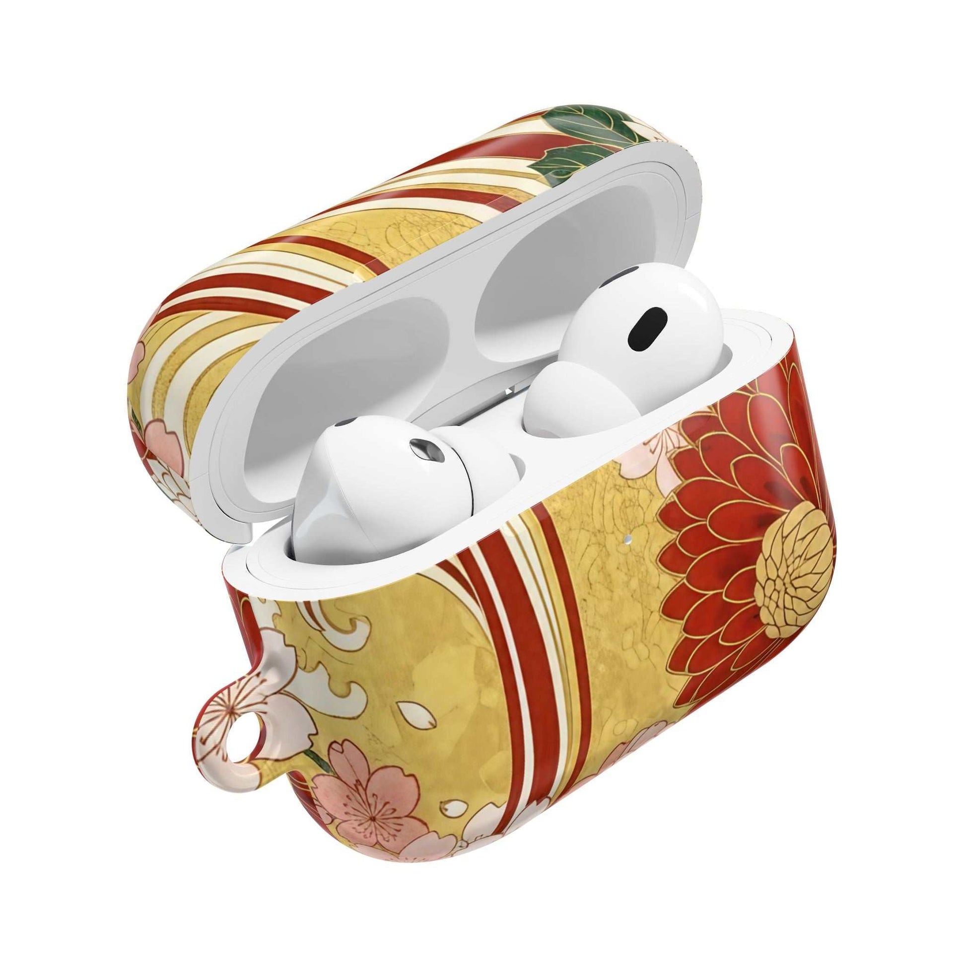 AirPod case with Japanese floral gold chrysanthemum design and carabiner clip