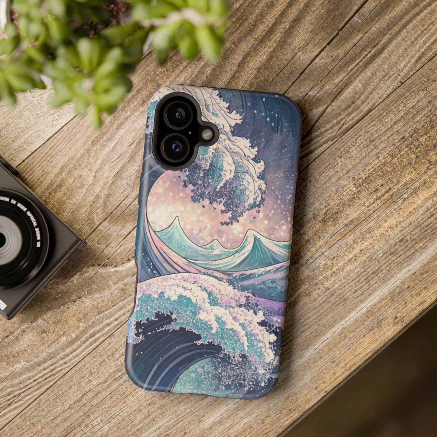 iPhone case with Crashing Waves Design, magnetic tough MagSafe® protective cover, ocean wave artwork on wood background