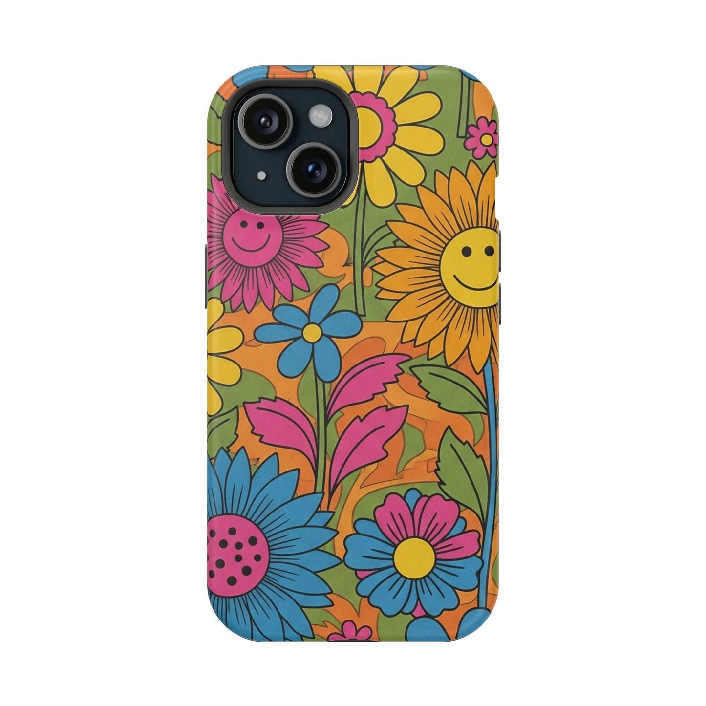 Colorful Flower Power iPhone Tough Case with vibrant floral design and durable polycarbonate construction