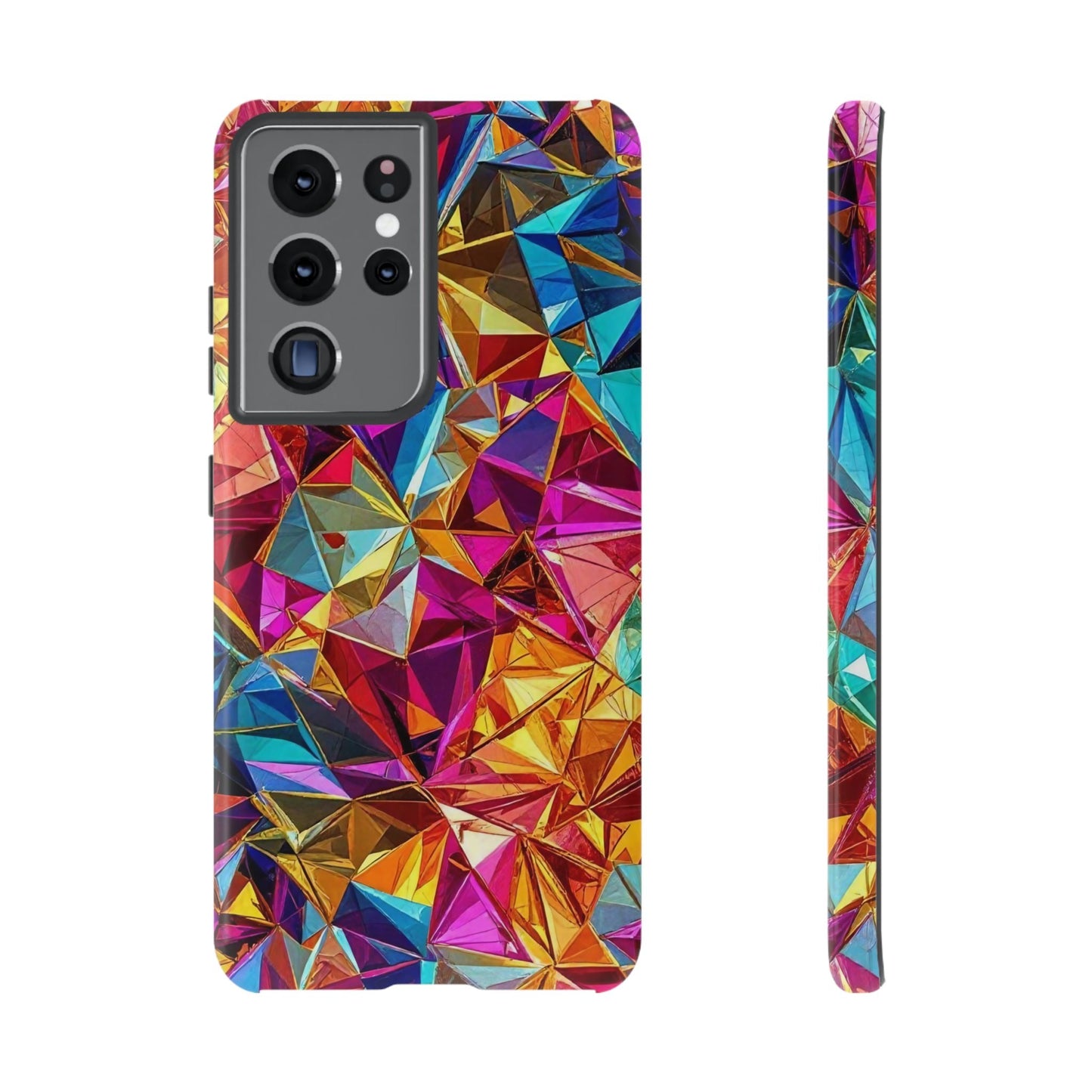Samsung phone case with vibrant rainbow foil geometric design and durable tough protection