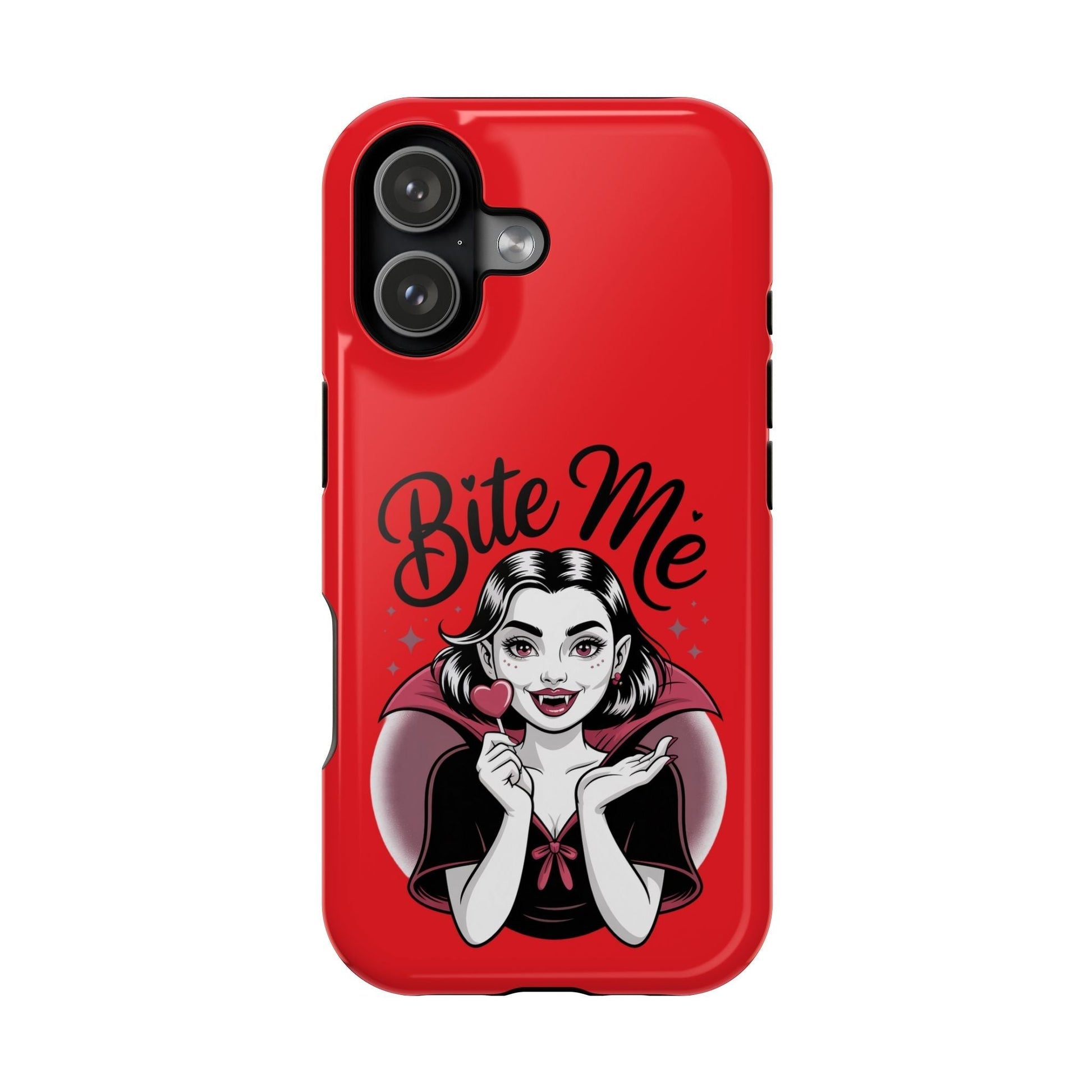 Halloween Vampire iPhone tough case with "Bite Me" design, durable polycarbonate, MagSafe compatible in glossy red finish