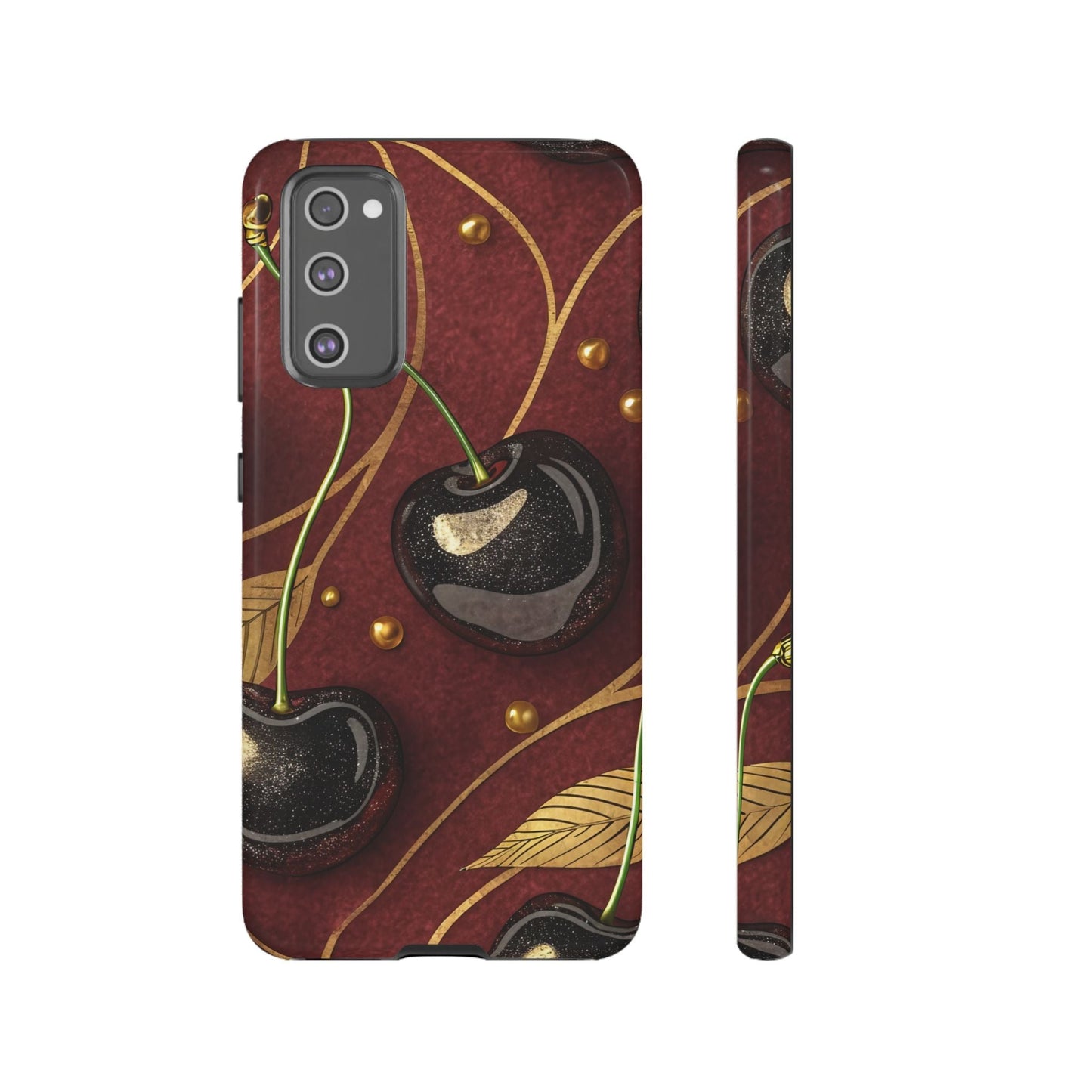 Samsung phone case with golden cherry design and durable tough protection
