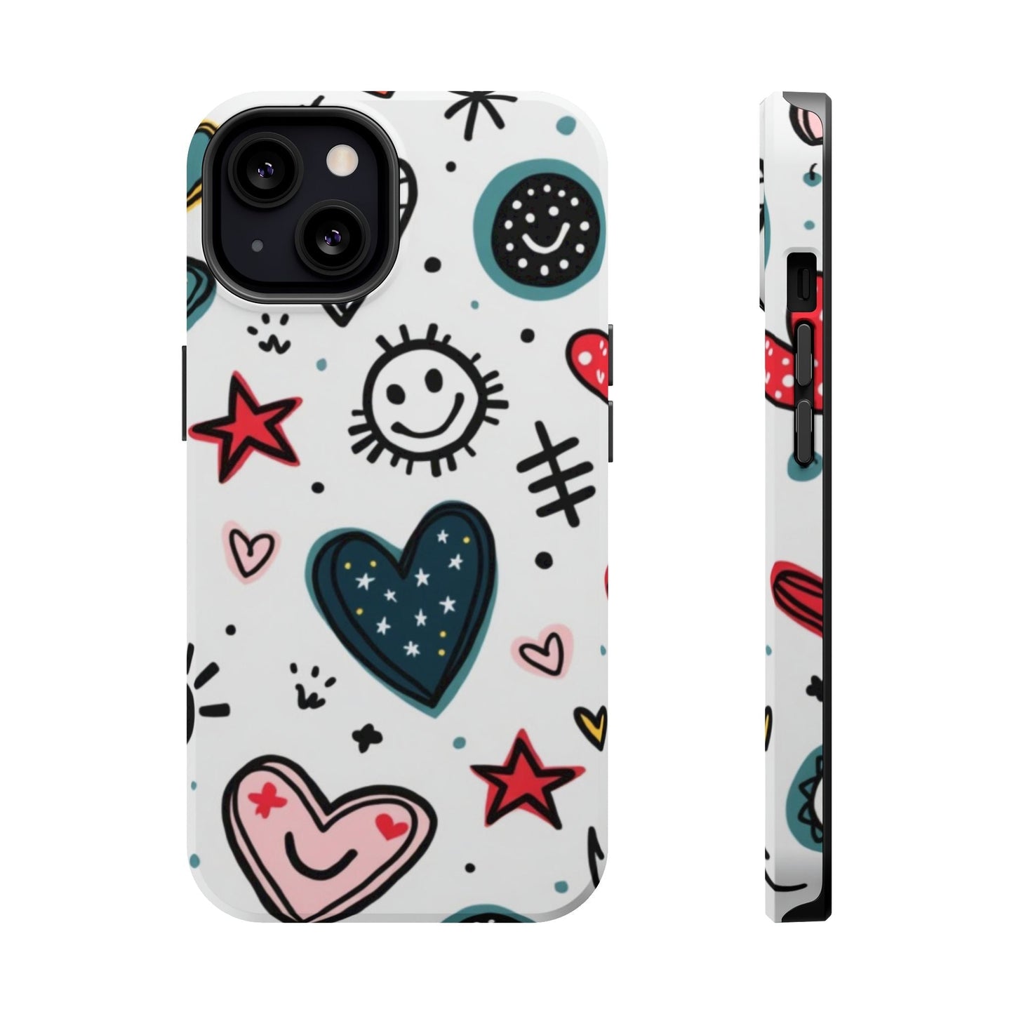 iPhone tough case with colorful cartoon hearts and smiley faces design, durable polycarbonate and TPU protection, matte or glossy finish, MagSafe compatible.