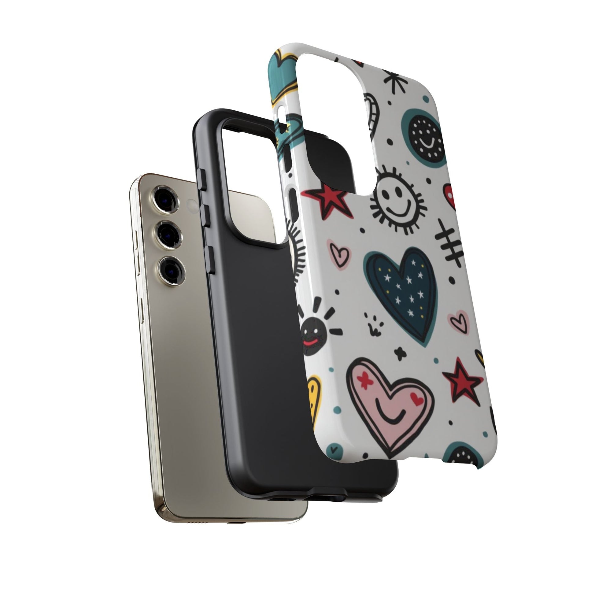 Samsung Tough Phone Case with colorful smiles and hearts design, durable and shock-absorbent for Galaxy S series phones