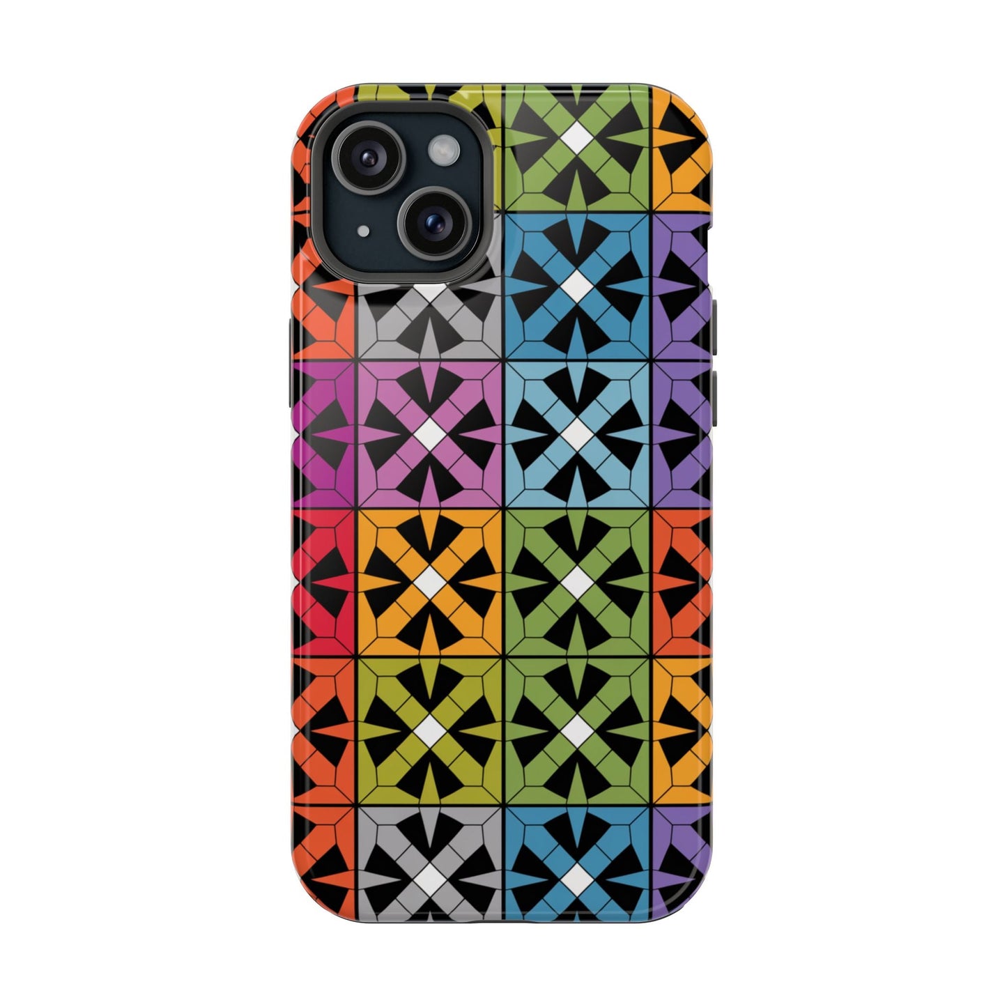 Rainbow Squares iPhone Tough Case with vibrant colorful geometric pattern and durable dual-layer protection for iPhone 14, 15, 16 models.