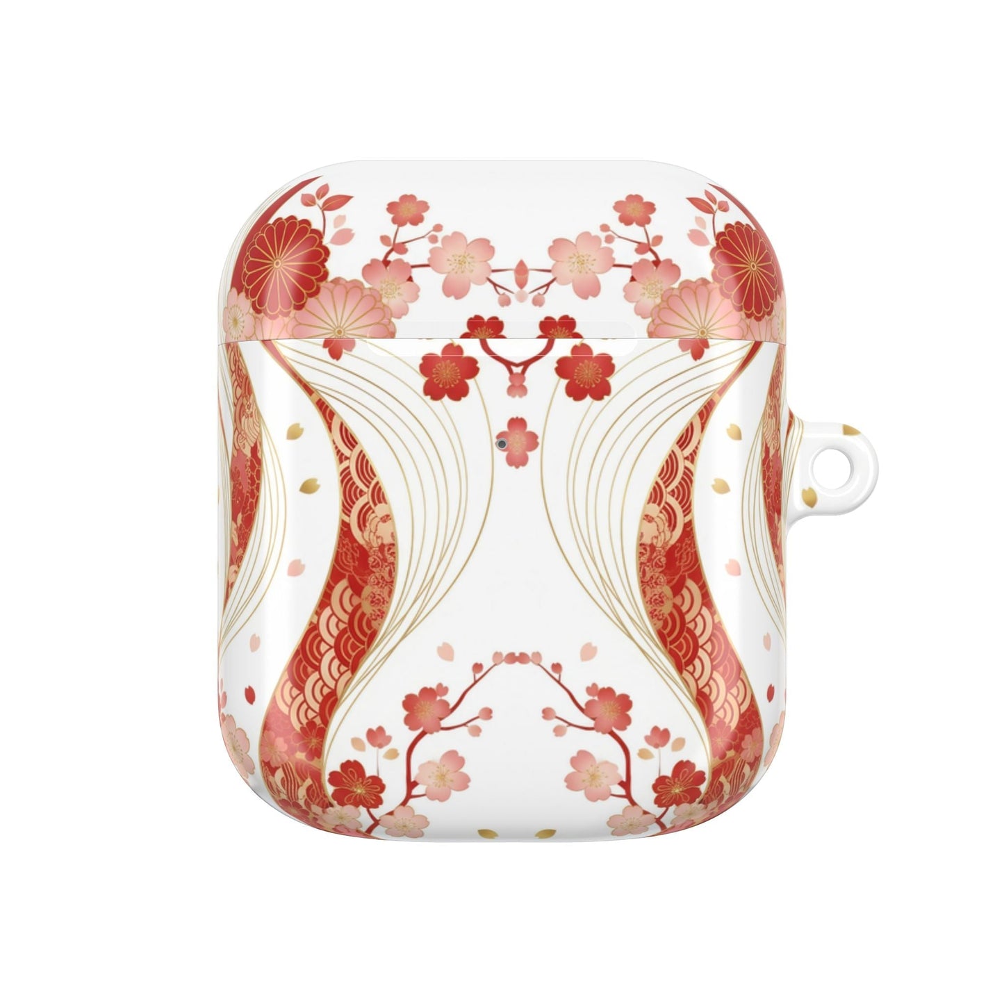 Red Golden Flower AirPod case with glossy floral design and carabiner attachment for stylish protection