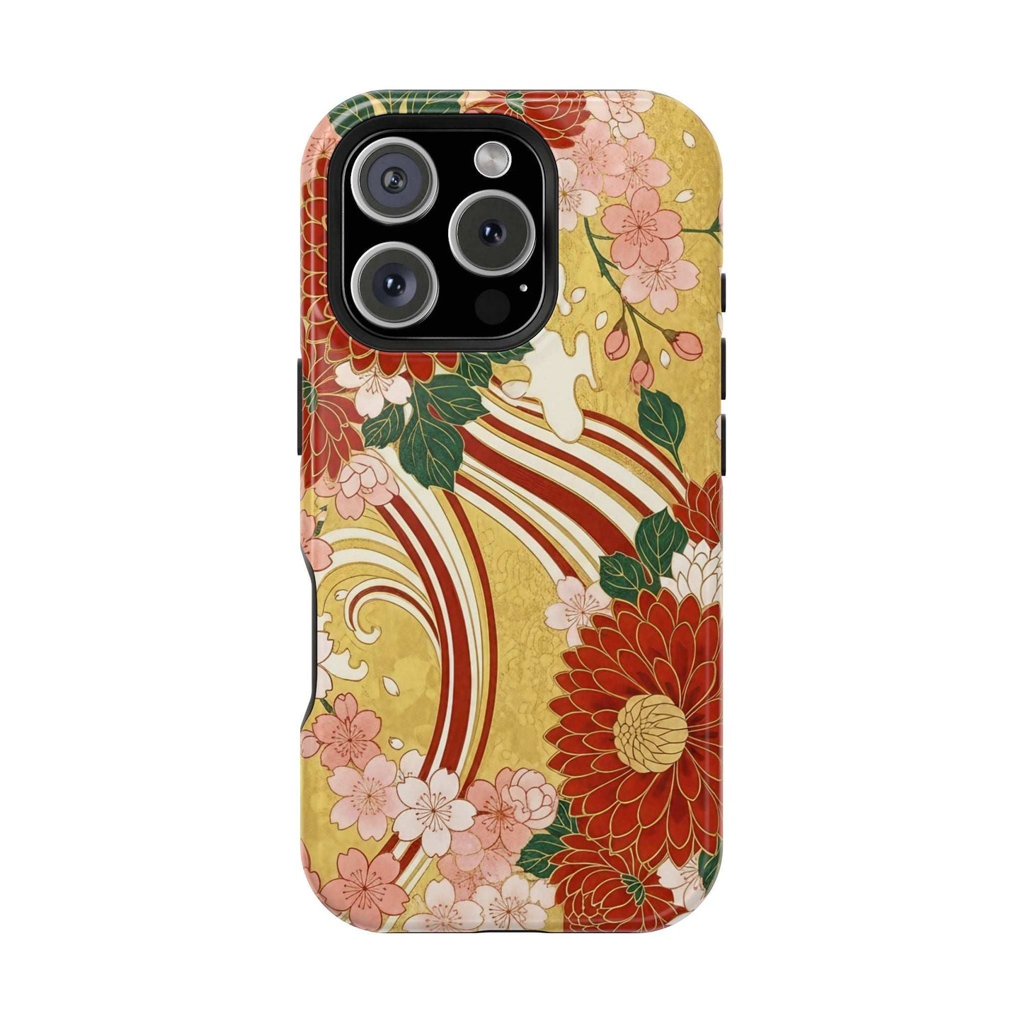 iPhone case with Japanese chrysanthemum and cherry blossom floral design, impact-resistant and MagSafe compatible