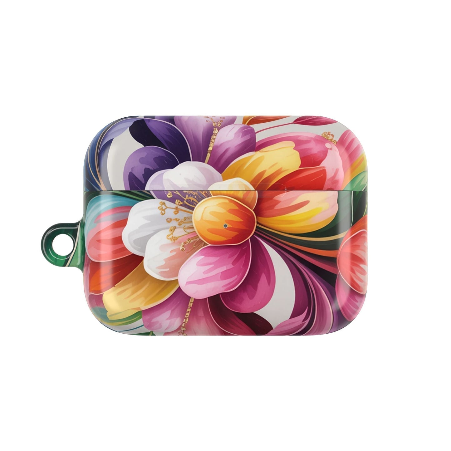 Floral AirPod case with colorful flower design, durable polycarbonate, lightweight, scratch-resistant, and carabiner attachment.
