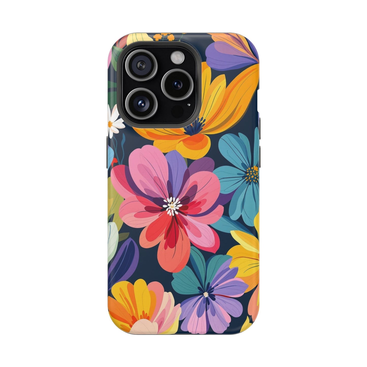 Colorful floral design iPhone 17 case with vibrant flowers, durable polycarbonate, TPU liner, and MagSafe compatibility