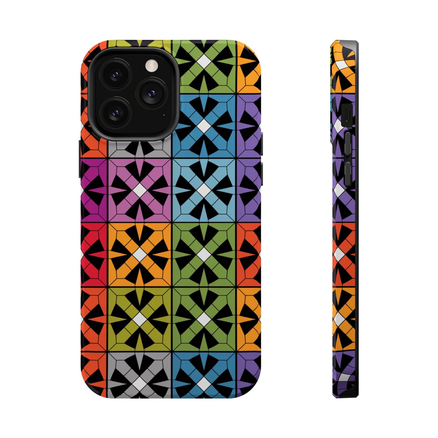 Colorful Rainbow Squares iPhone tough case with durable dual-layer design and geometric pattern.