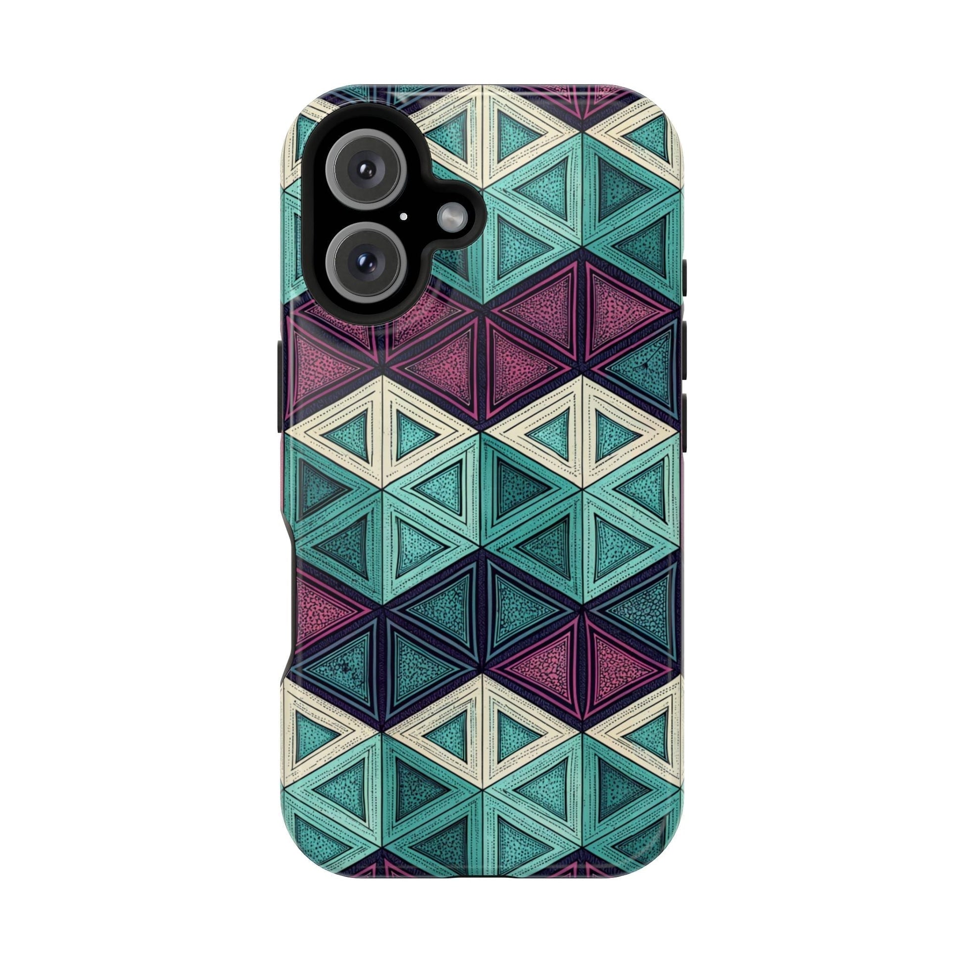 Purple and teal abstract geometric pattern iPhone tough case with MagSafe compatibility and dual-layer protection