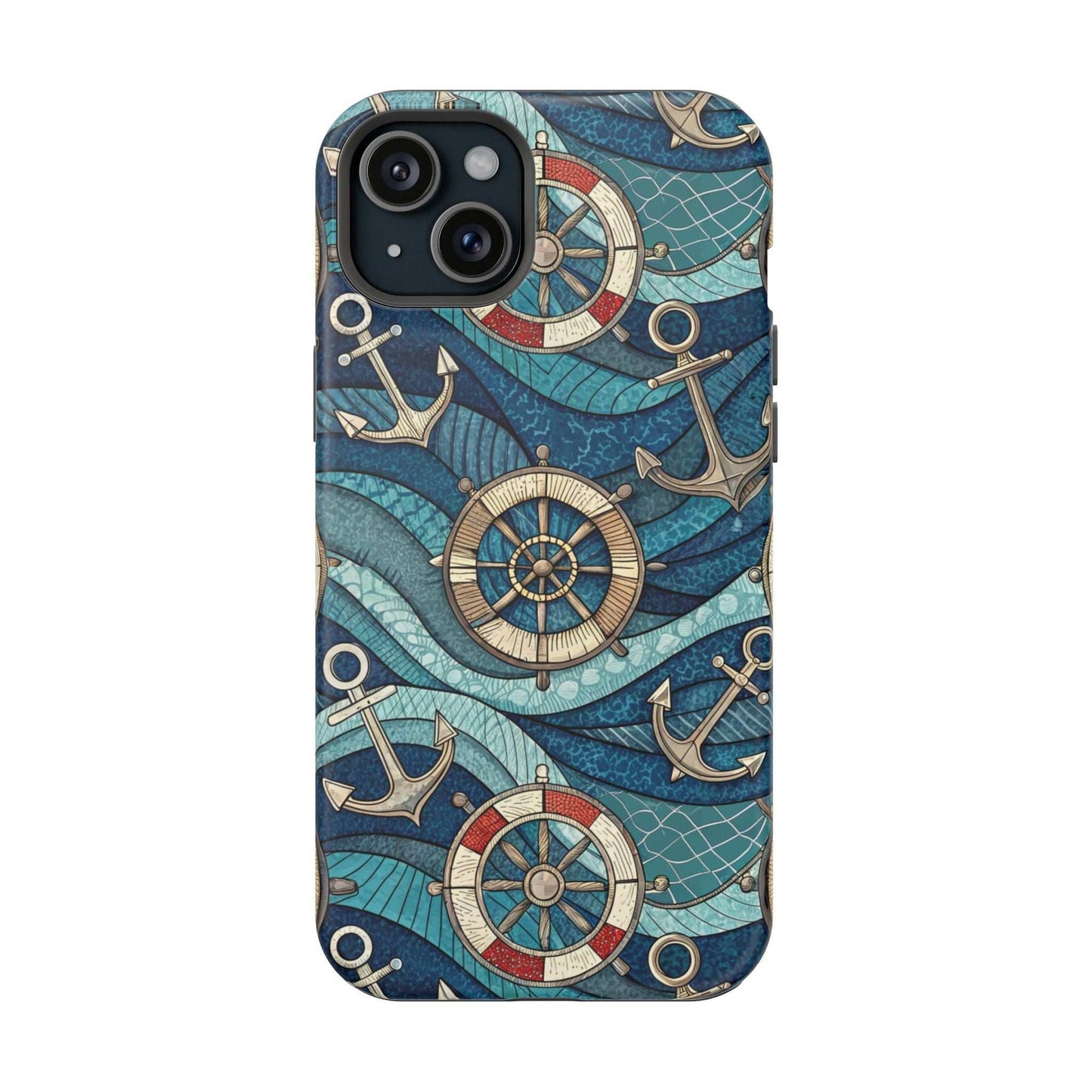 Nautical theme iPhone case with ocean-inspired anchors and ship wheels design for iPhone 13 to 16 series