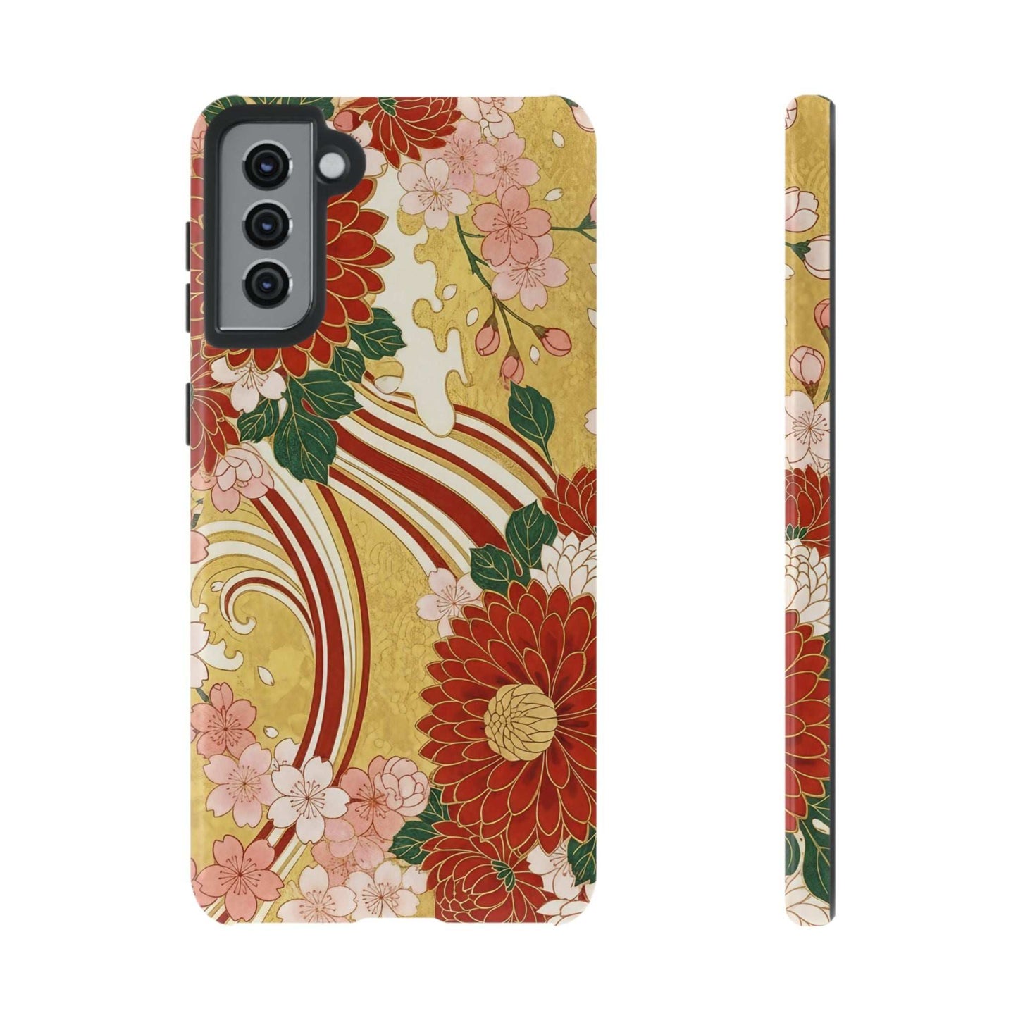 Samsung case with Japanese floral gold chrysanthemum design, durable and impact-resistant phone cover